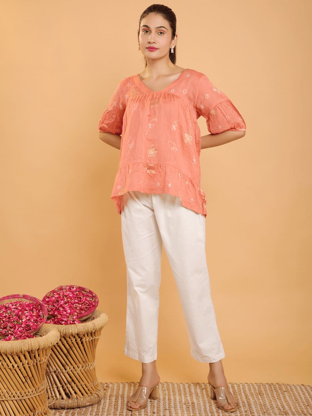 Chanderi Tie & Dye Top - Peach - Charkha TalesChanderi Tie & Dye Top - Peach