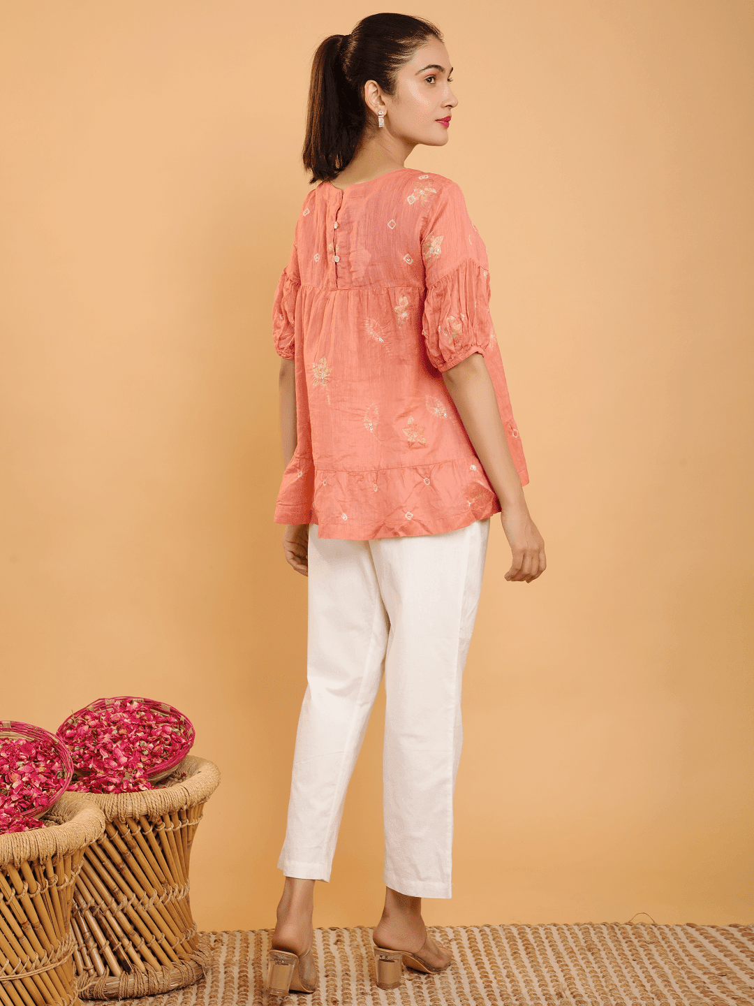 Chanderi Tie & Dye Top - Peach - Charkha TalesChanderi Tie & Dye Top - Peach