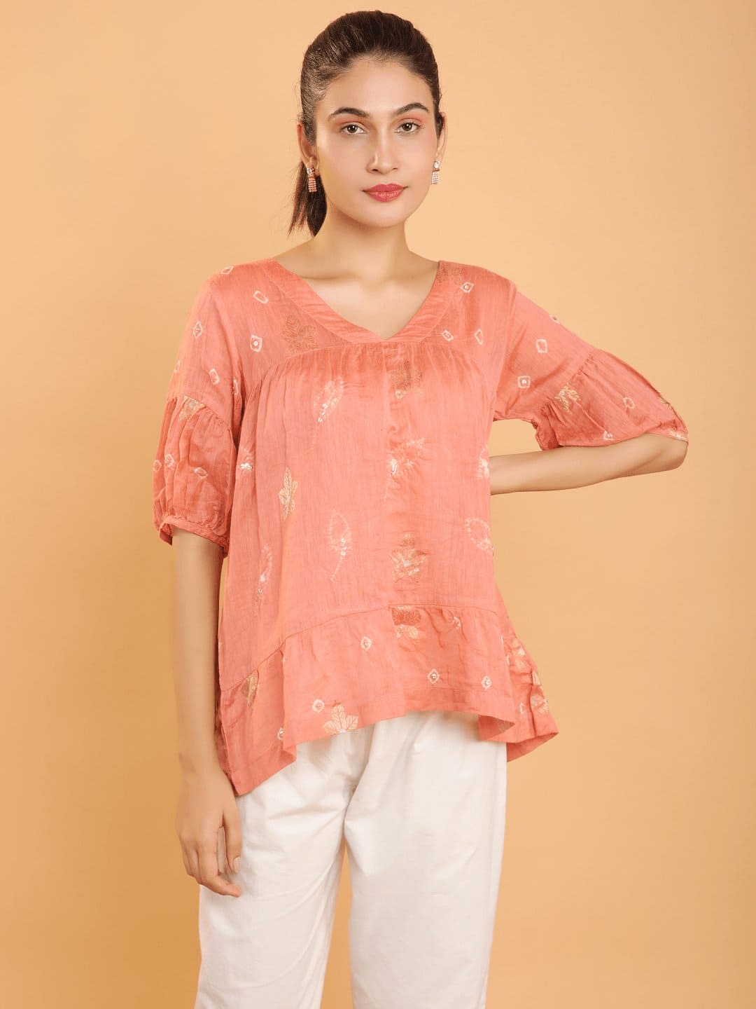 Chanderi Tie & Dye Top - Peach - Charkha TalesChanderi Tie & Dye Top - Peach