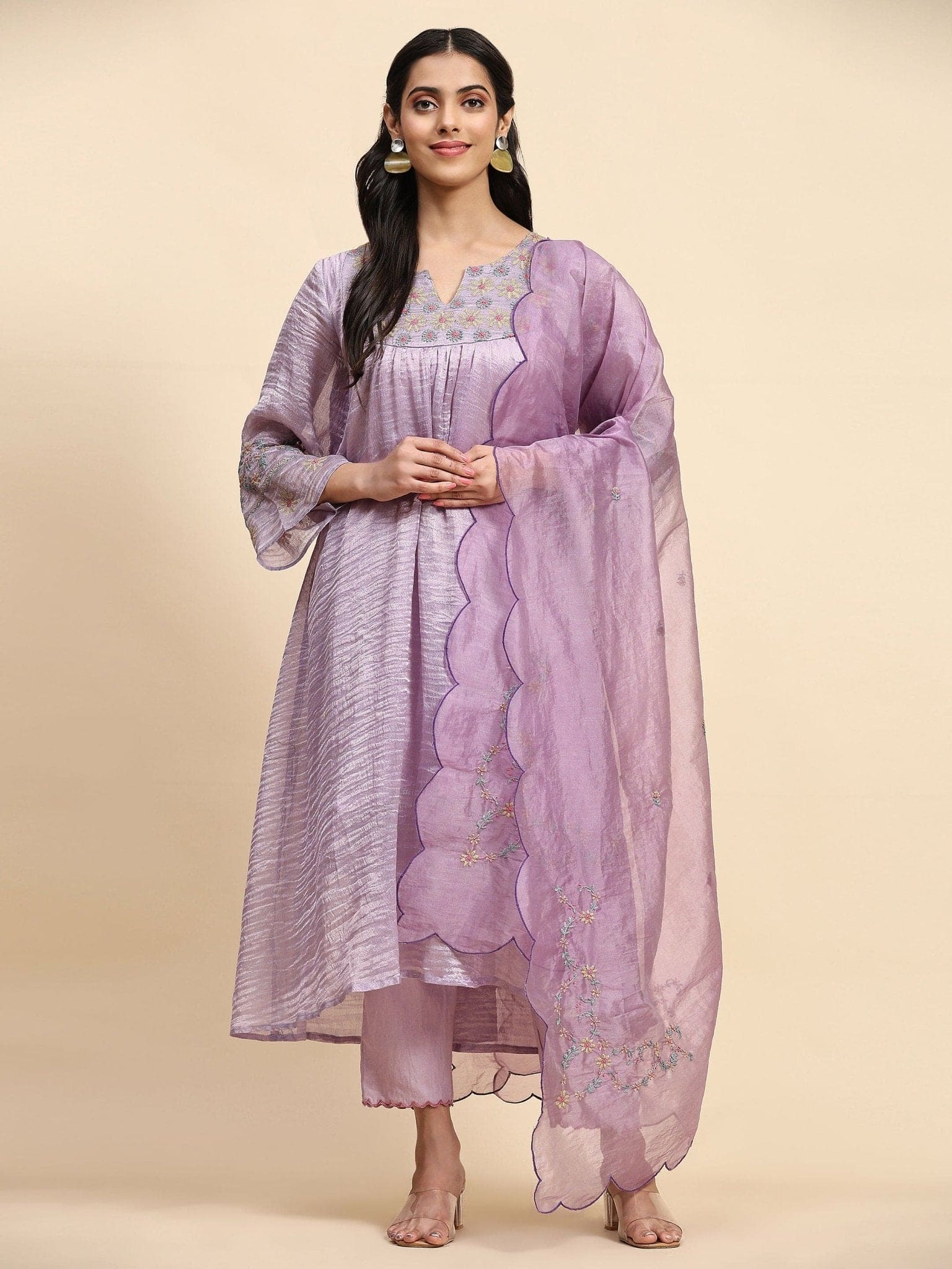 Chanderi Tissue Kurta Set - Purple - Charkha TalesChanderi Tissue Kurta Set - Purple