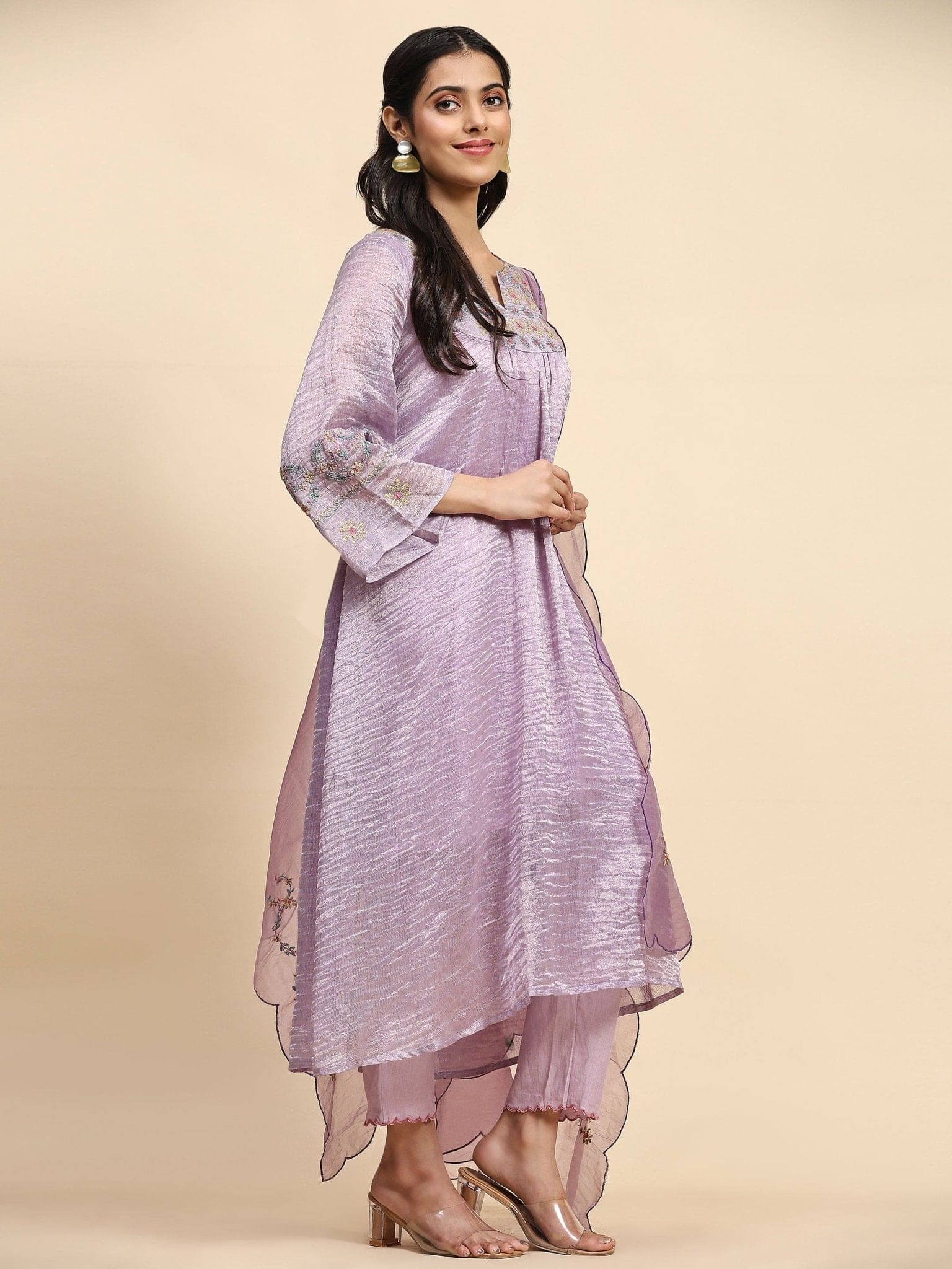 Chanderi Tissue Kurta Set - Purple - Charkha TalesChanderi Tissue Kurta Set - Purple