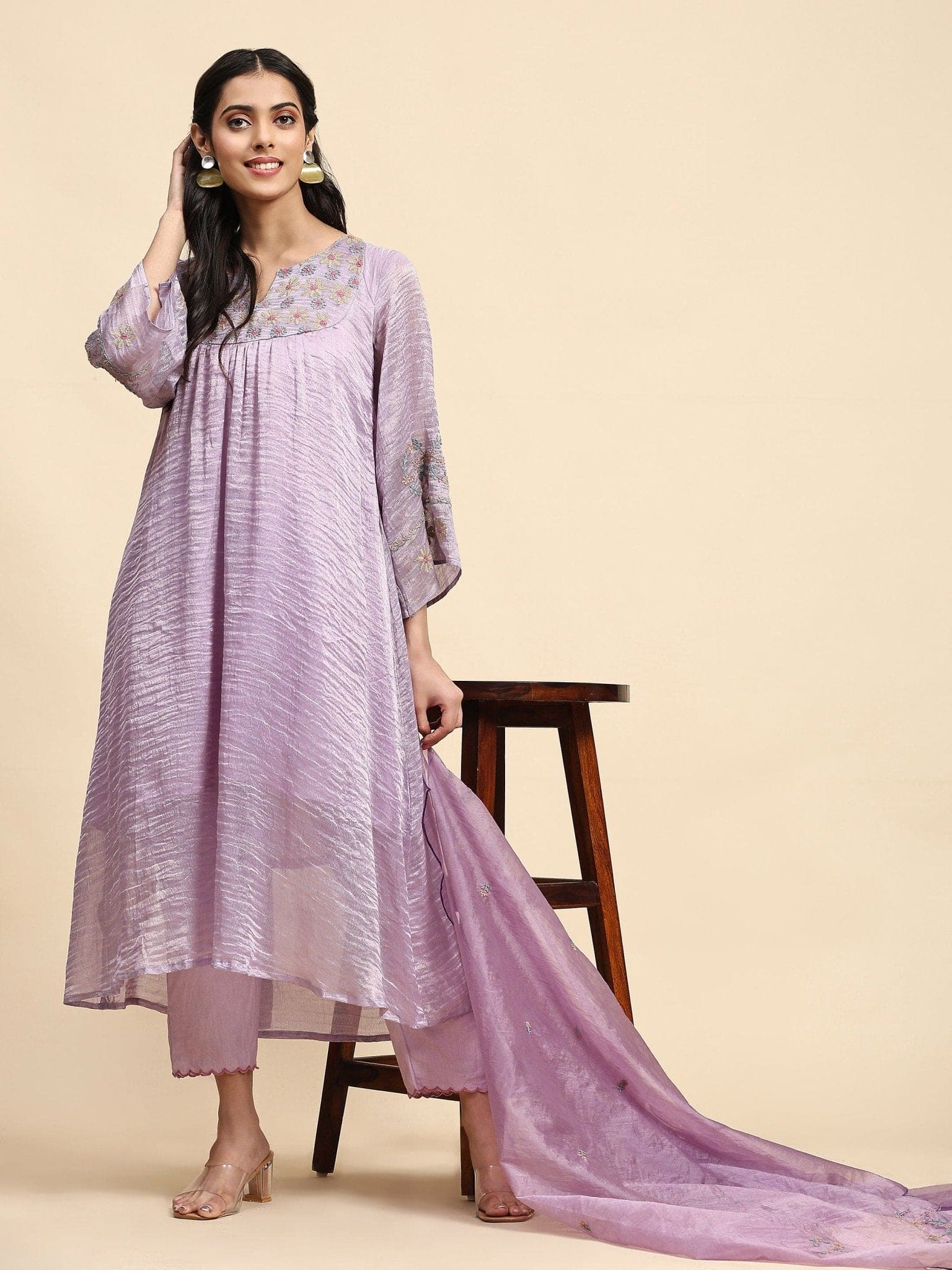 Chanderi Tissue Kurta Set - Purple - Charkha TalesChanderi Tissue Kurta Set - Purple
