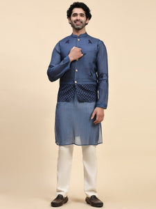 Chikan Chanderi Men Kurta Set - Blue