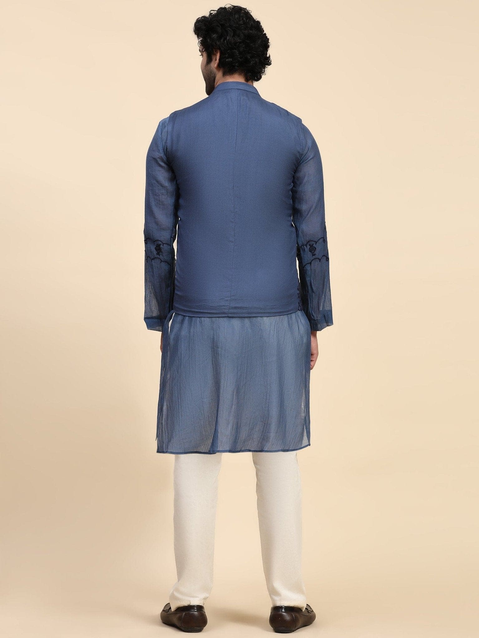 Chikan Chanderi Men Kurta Set - Blue - Charkha TalesChikan Chanderi Men Kurta Set - Blue