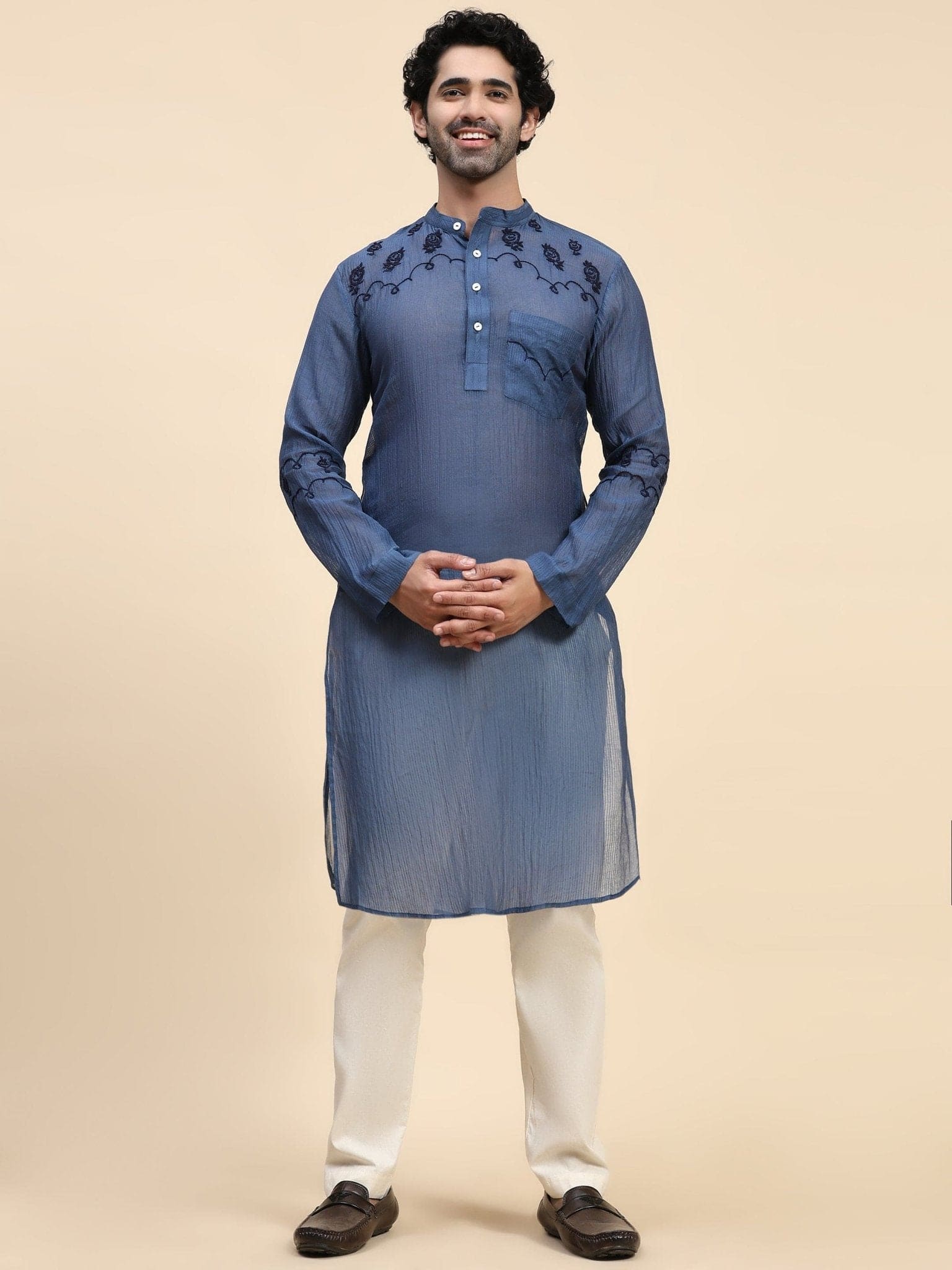 Chikan Chanderi Men Kurta Set - Blue - Charkha TalesChikan Chanderi Men Kurta Set - Blue