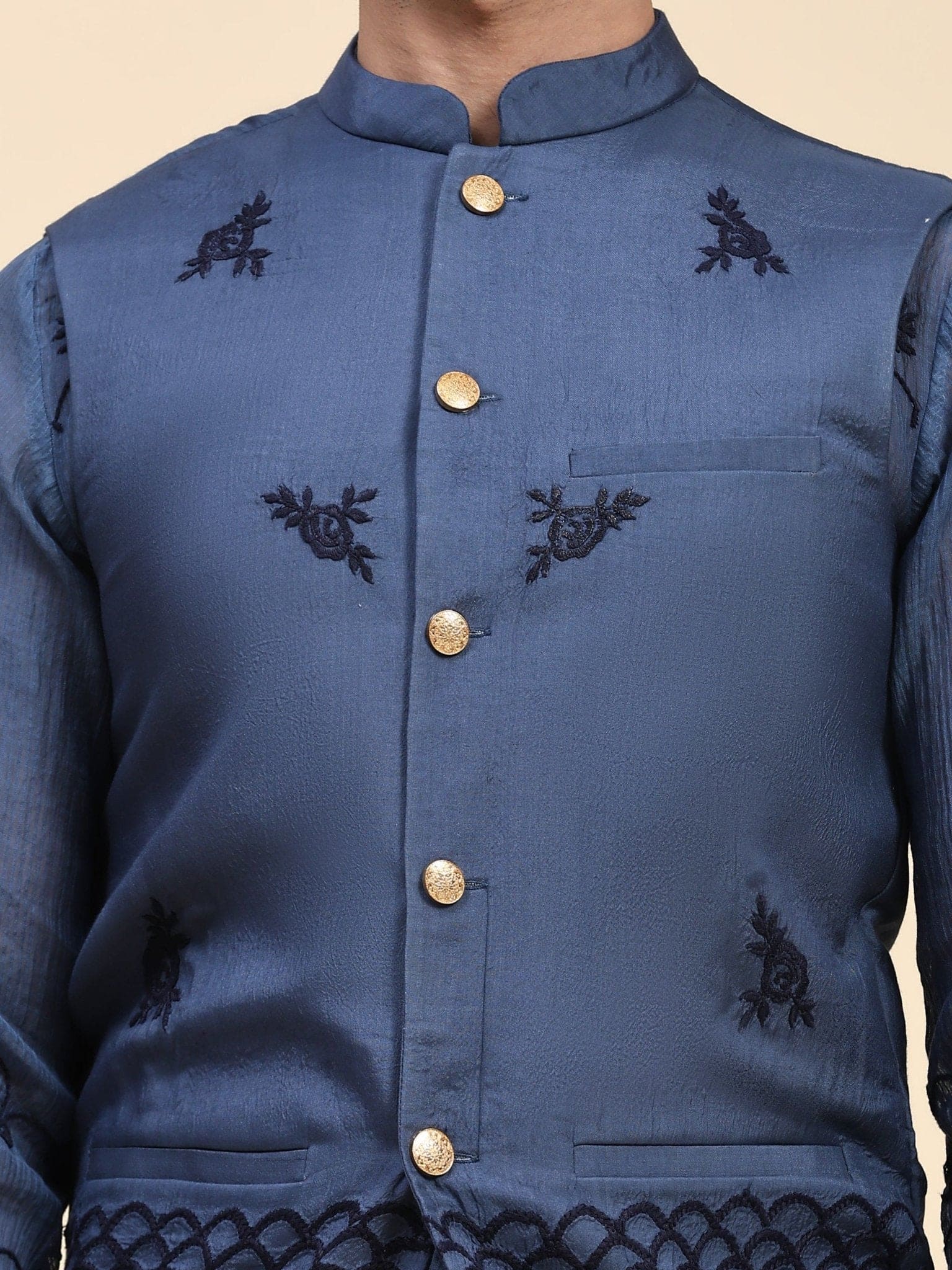 Chikan Chanderi Men Kurta Set - Blue - Charkha TalesChikan Chanderi Men Kurta Set - Blue