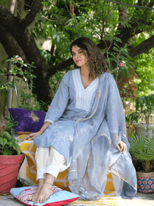Chikankari Anarkali Kurta Set - Blue Grey