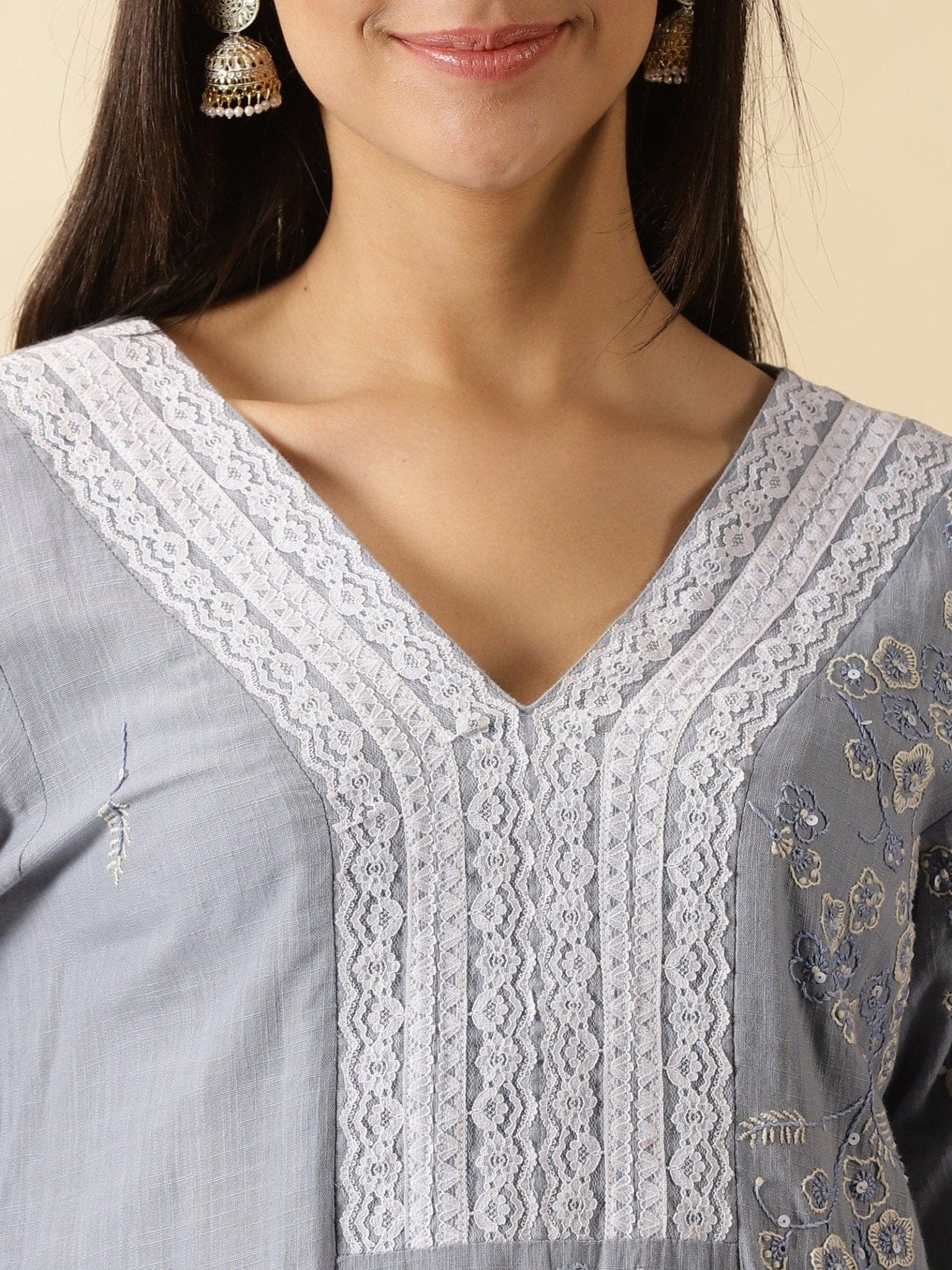 Chikankari Anarkali Kurta Set - Blue Grey - Charkha TalesChikankari Anarkali Kurta Set - Blue Grey