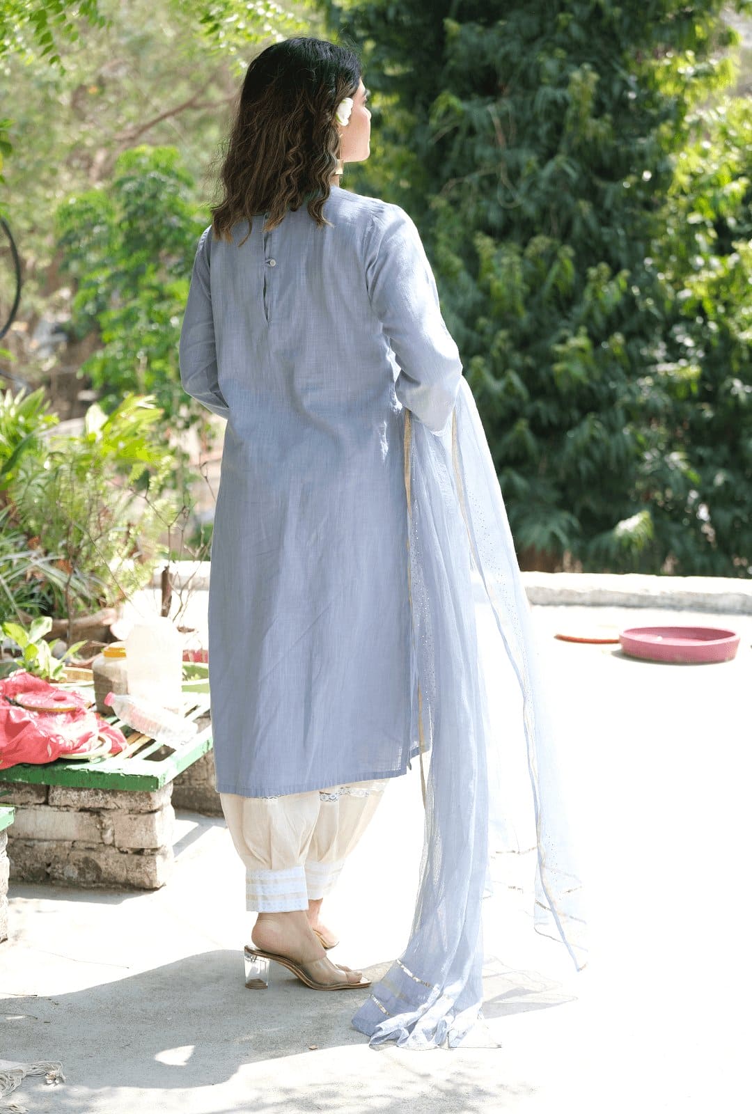 Chikankari Anarkali Kurta Set - Blue Grey - Charkha TalesChikankari Anarkali Kurta Set - Blue Grey