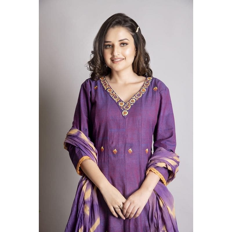 Chikankari Anarkali Kurta Set - Purple - Charkha TalesChikankari Anarkali Kurta Set - Purple