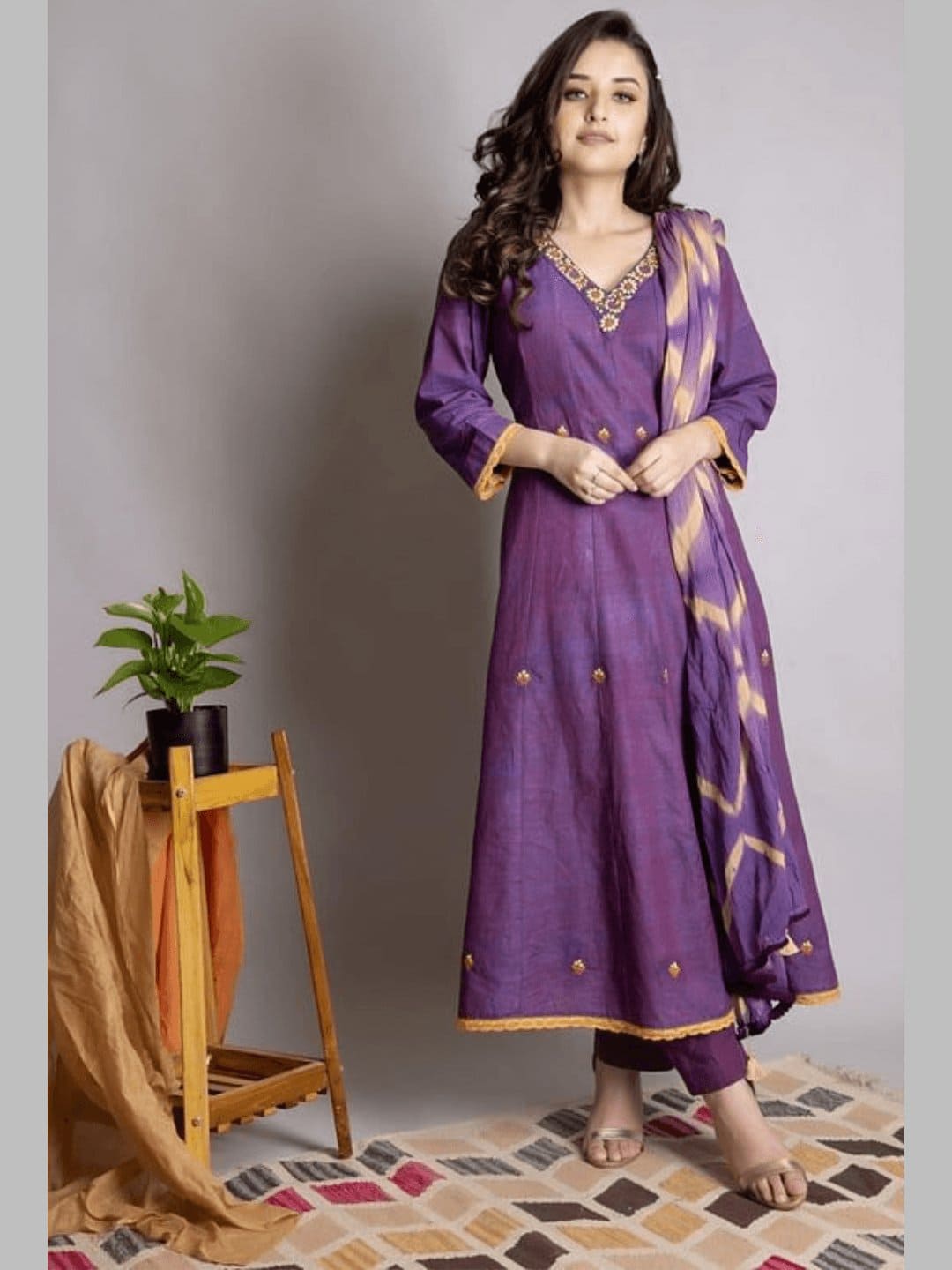 Chikankari Anarkali Kurta Set - Purple - Charkha TalesChikankari Anarkali Kurta Set - Purple