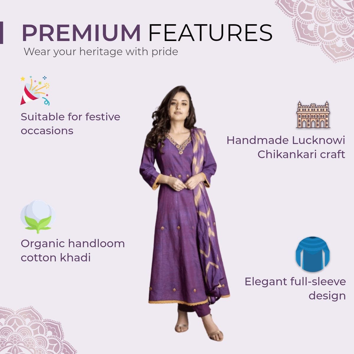 Chikankari Anarkali Kurta Set - Purple - Charkha TalesChikankari Anarkali Kurta Set - Purple