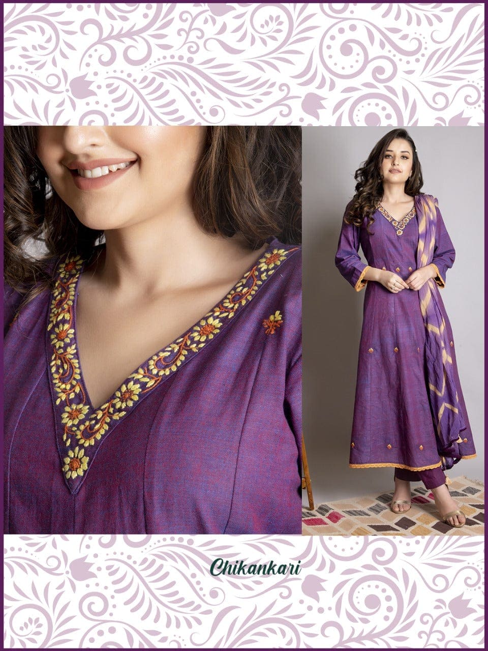 Chikankari Anarkali Kurta Set - Purple - Charkha TalesChikankari Anarkali Kurta Set - Purple