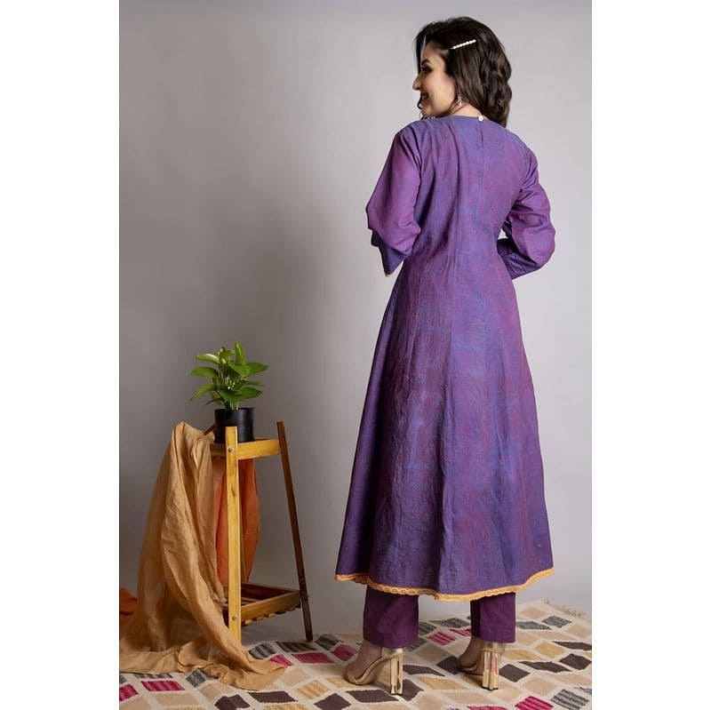 Chikankari Anarkali Kurta Set - Purple - Charkha TalesChikankari Anarkali Kurta Set - Purple