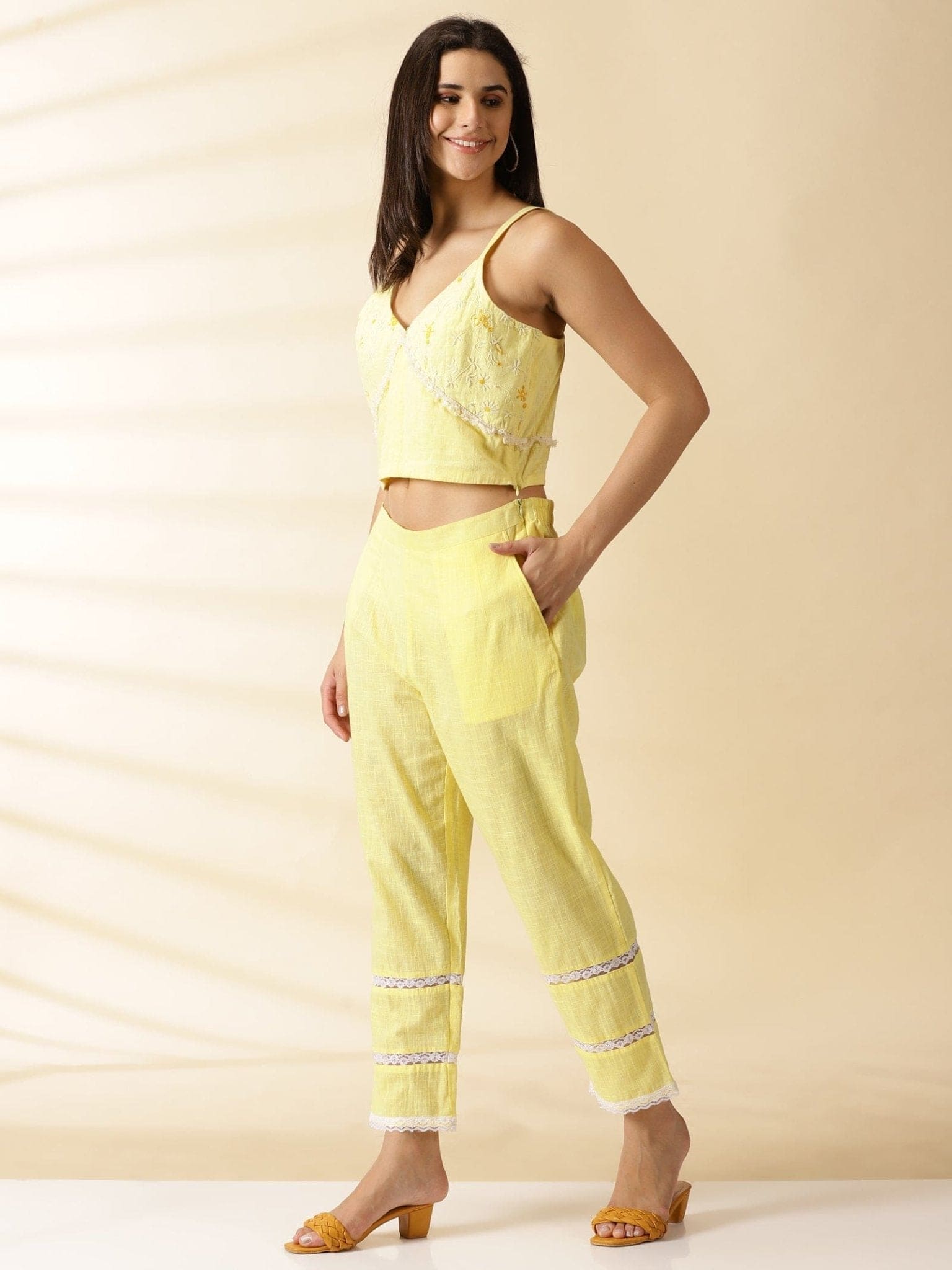 Chikankari Co - ord Set - Yellow - Charkha TalesChikankari Co - ord Set - Yellow