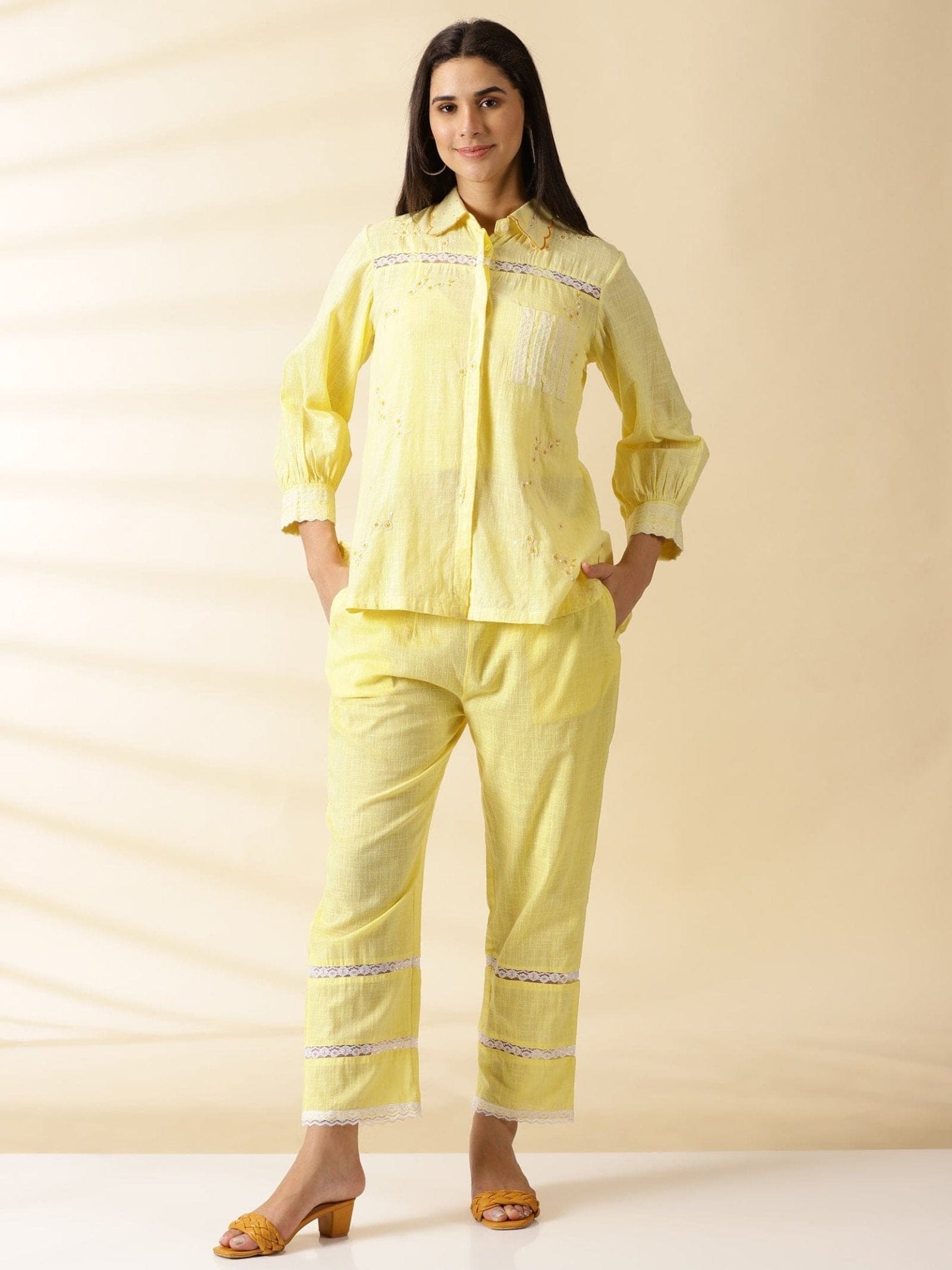 Chikankari Co - ord Set - Yellow - Charkha TalesChikankari Co - ord Set - Yellow