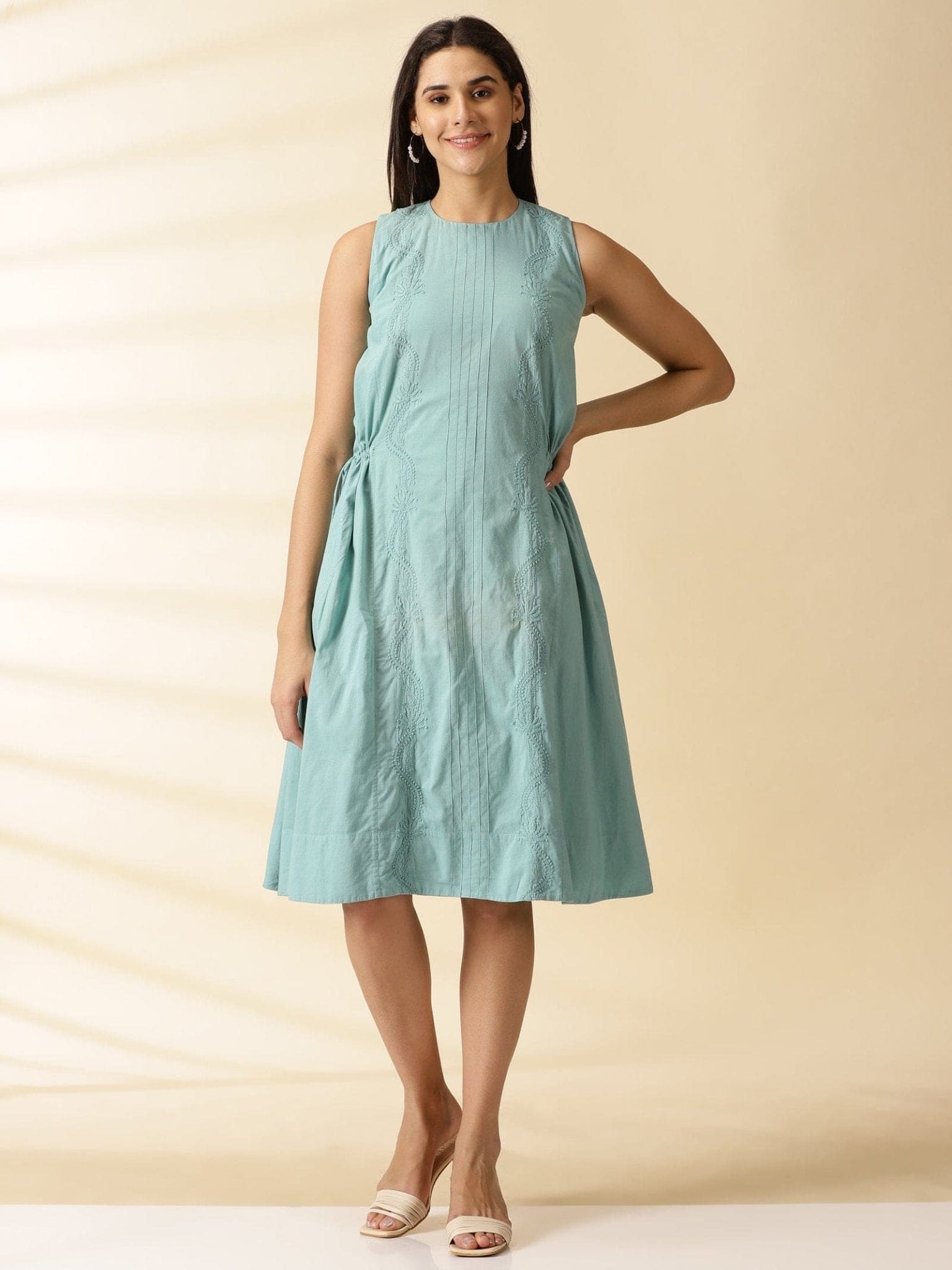 Chikankari Cotton Dress - Turquoise - Charkha TalesChikankari Cotton Dress - Turquoise
