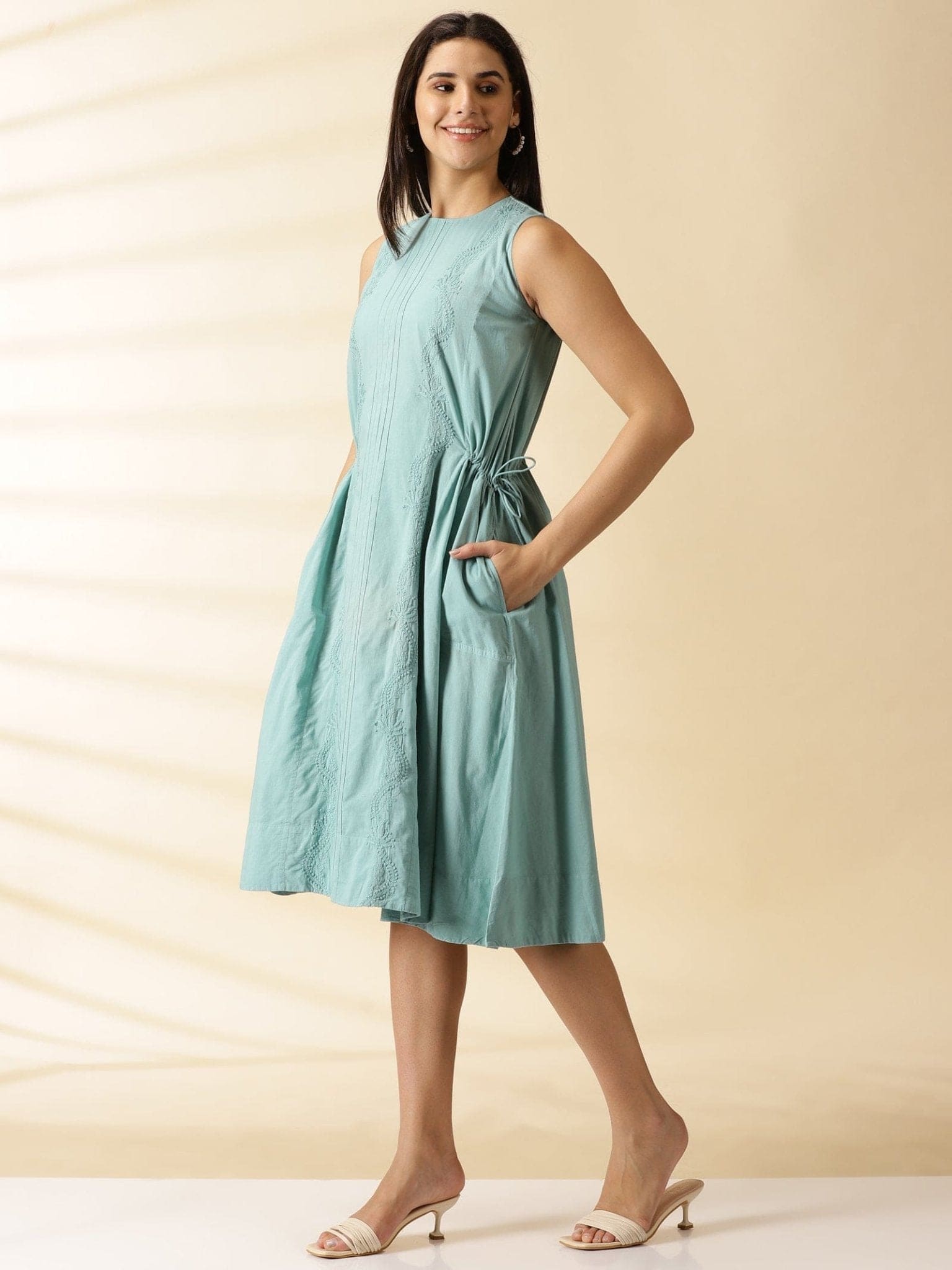 Chikankari Cotton Dress - Turquoise - Charkha TalesChikankari Cotton Dress - Turquoise