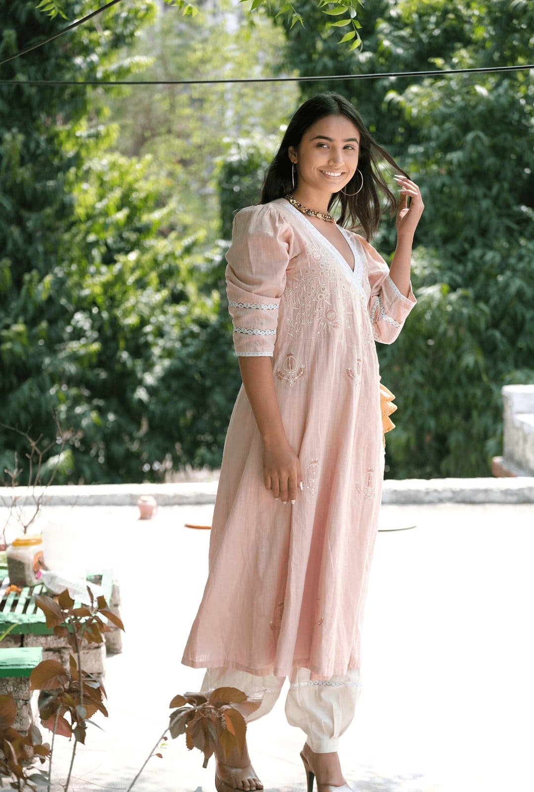 Chikankari Cotton Kurta Set - Peach - Charkha TalesChikankari Cotton Kurta Set - Peach