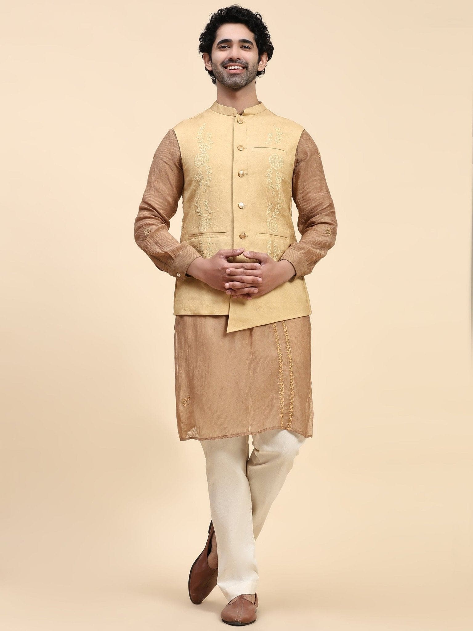 Chikankari Cotton Men Kurta Set - Brown - Charkha TalesChikankari Cotton Men Kurta Set - Brown