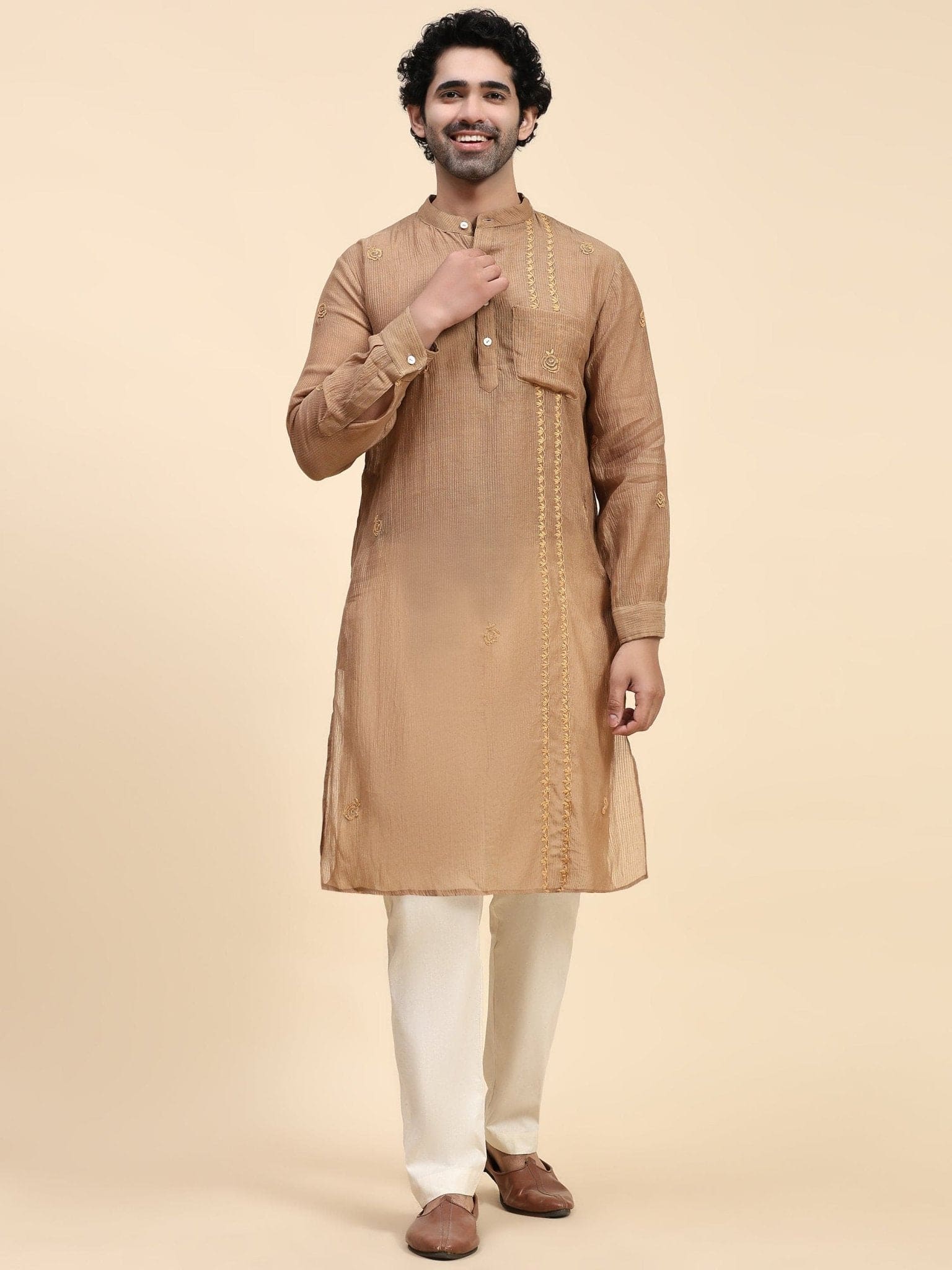 Chikankari Cotton Men Kurta Set - Brown - Charkha TalesChikankari Cotton Men Kurta Set - Brown