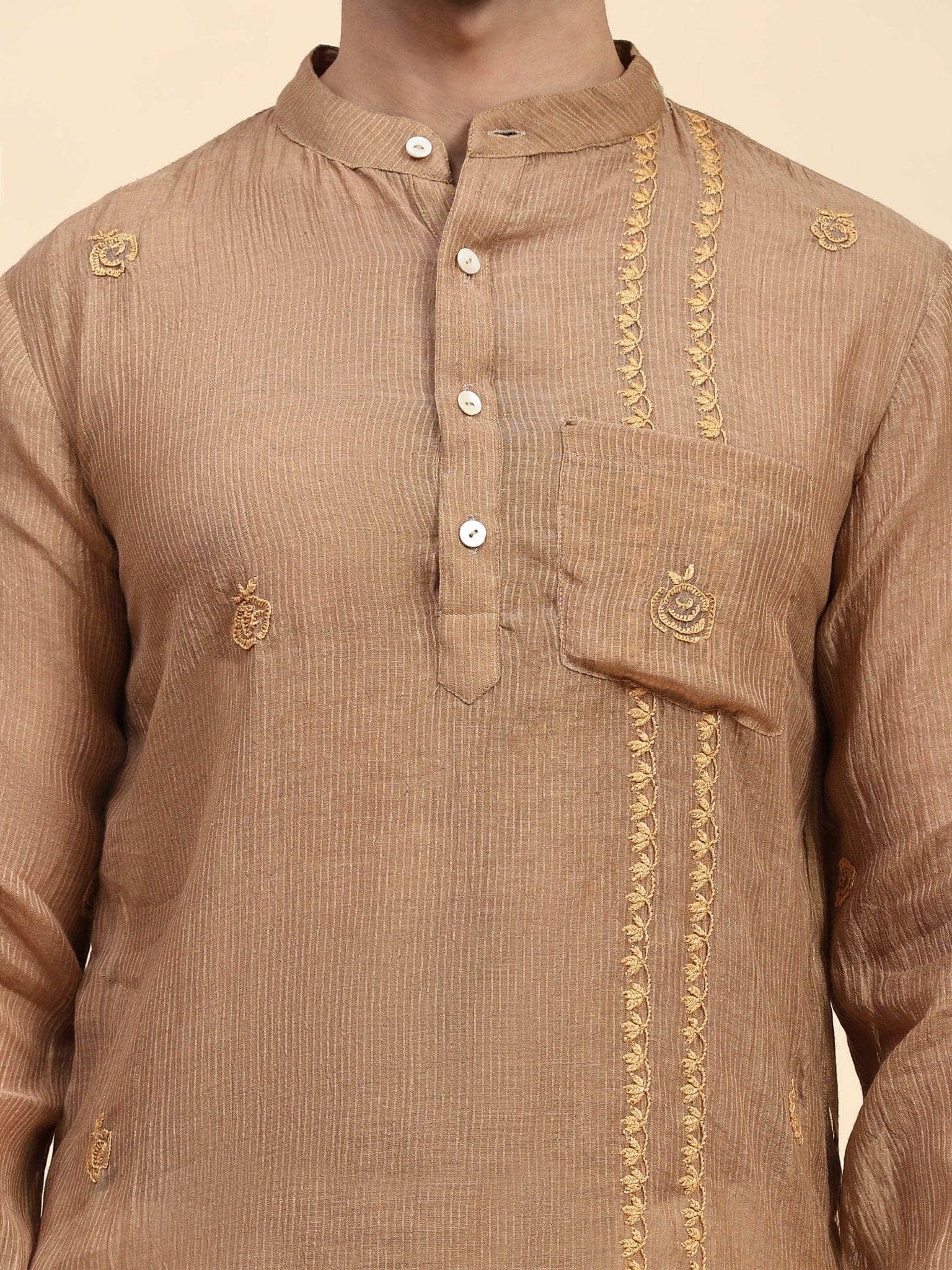 Chikankari Cotton Men Kurta Set - Brown - Charkha TalesChikankari Cotton Men Kurta Set - Brown