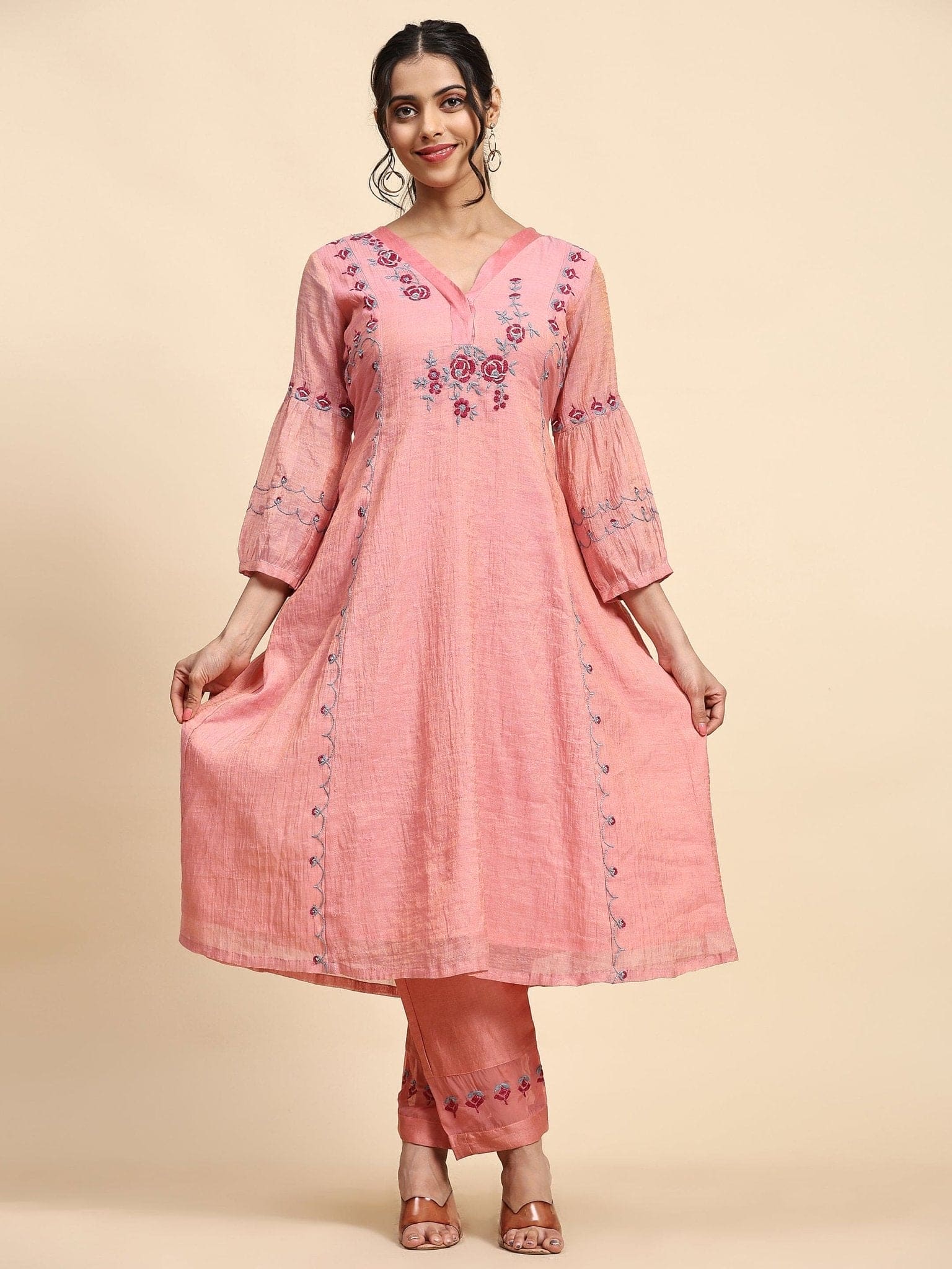 Chikankari Embroiderd Kurta Set - Pink - Charkha TalesChikankari Embroiderd Kurta Set - Pink