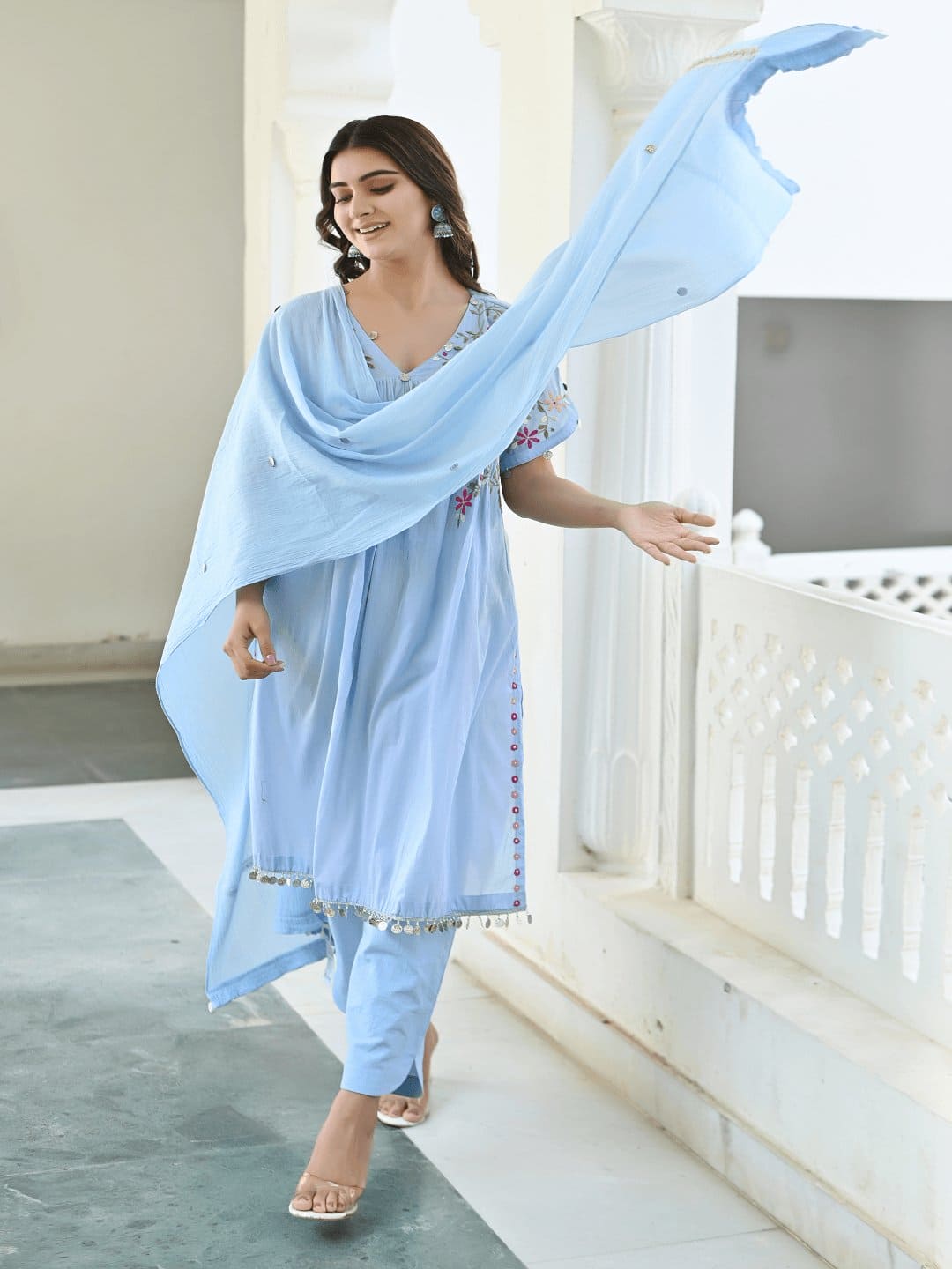 Chikankari Kurta Set - Sky Blue - Charkha TalesChikankari Kurta Set - Sky Blue