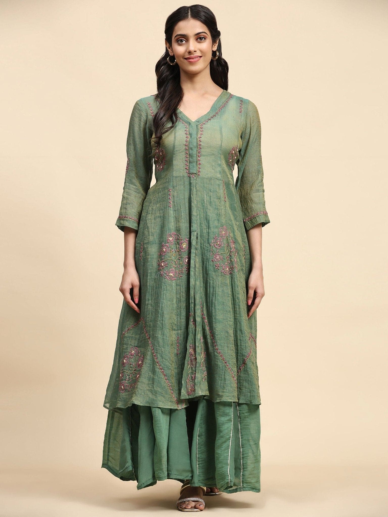 Chikankari Shimmer Anarkali Kurta Set - Green - Charkha TalesChikankari Shimmer Anarkali Kurta Set - Green