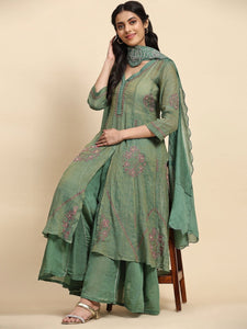Chikankari Shimmer Anarkali Kurta Set - Green