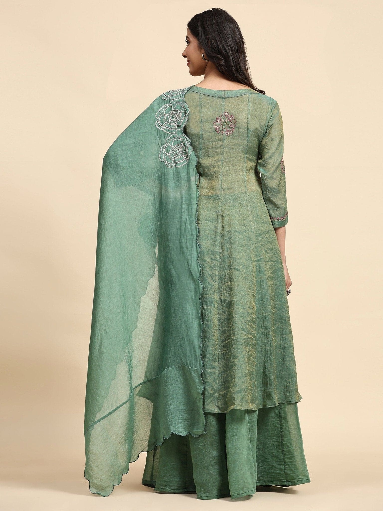 Chikankari Shimmer Anarkali Kurta Set - Green - Charkha TalesChikankari Shimmer Anarkali Kurta Set - Green