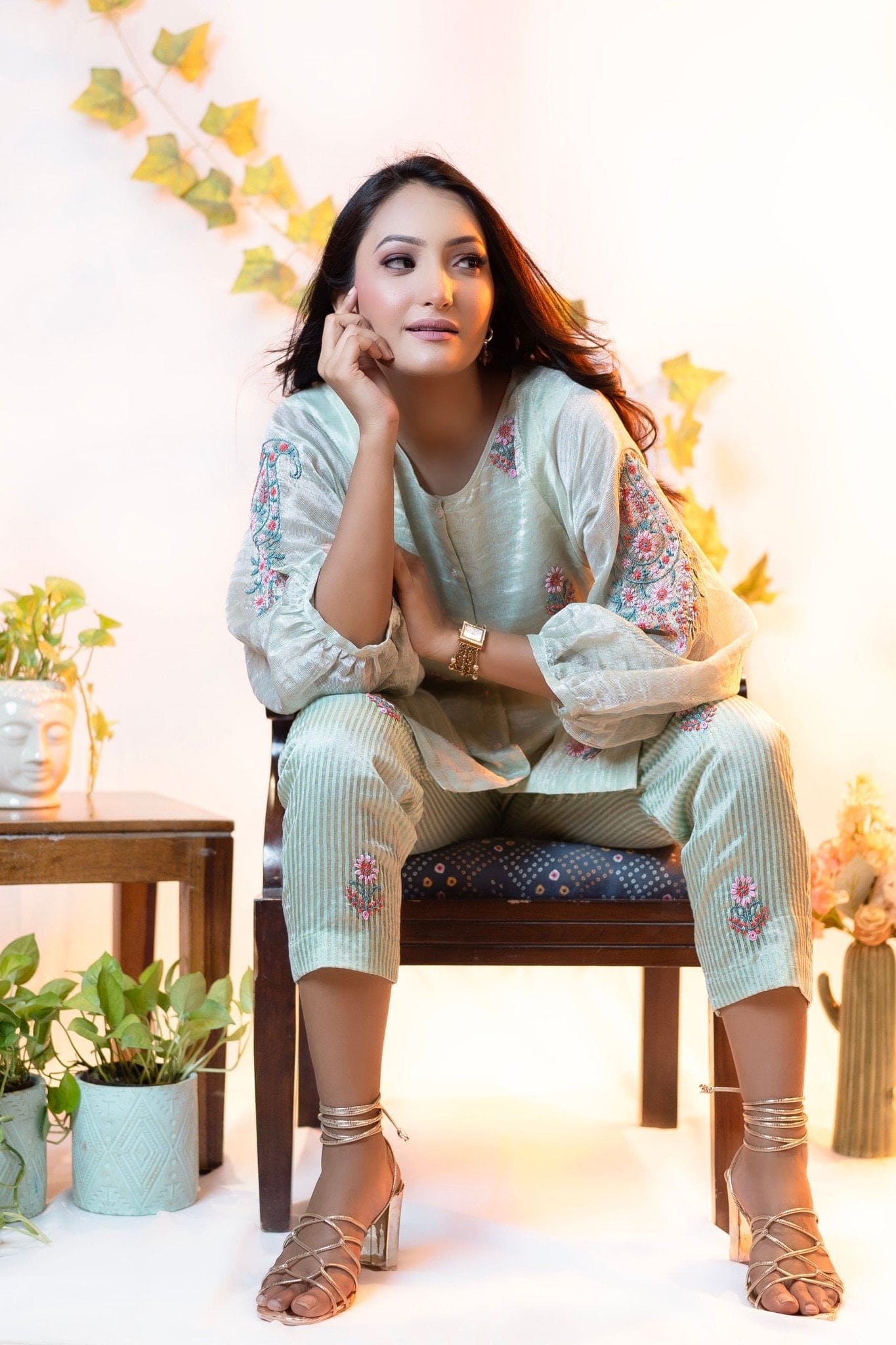Chikankari Shimmer Co - ord Set - Mint Green - Charkha TalesChikankari Shimmer Co - ord Set - Mint Green
