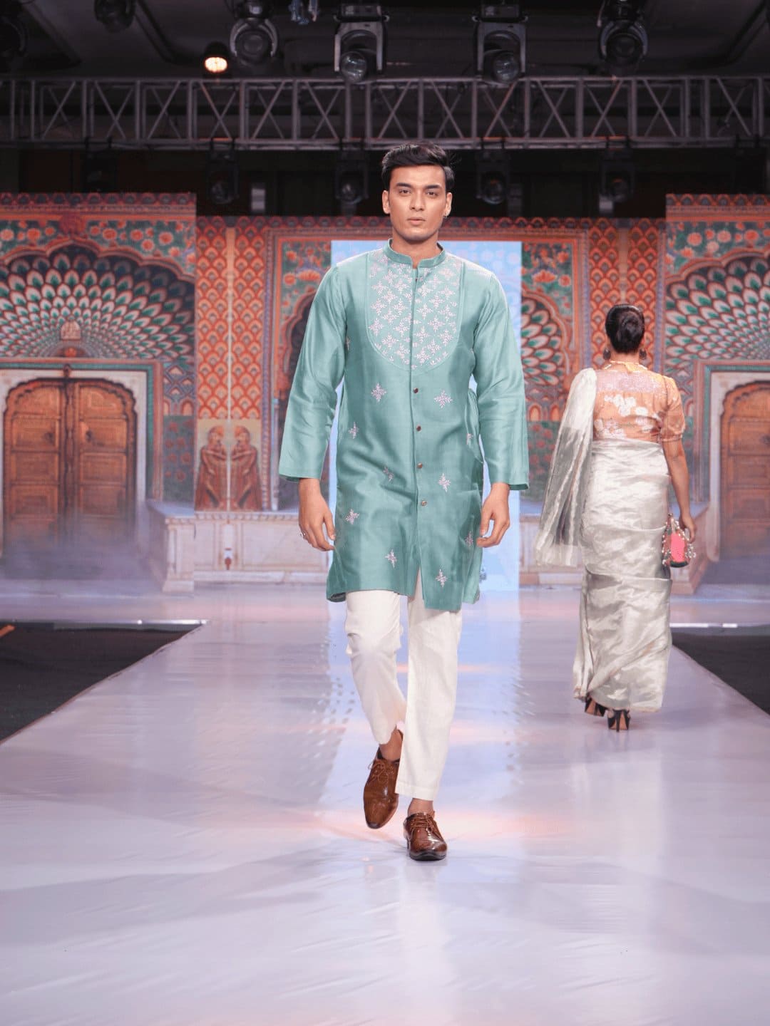 Chikankari Silk Men Kurta Set - Turquoise - Charkha TalesChikankari Silk Men Kurta Set - Turquoise