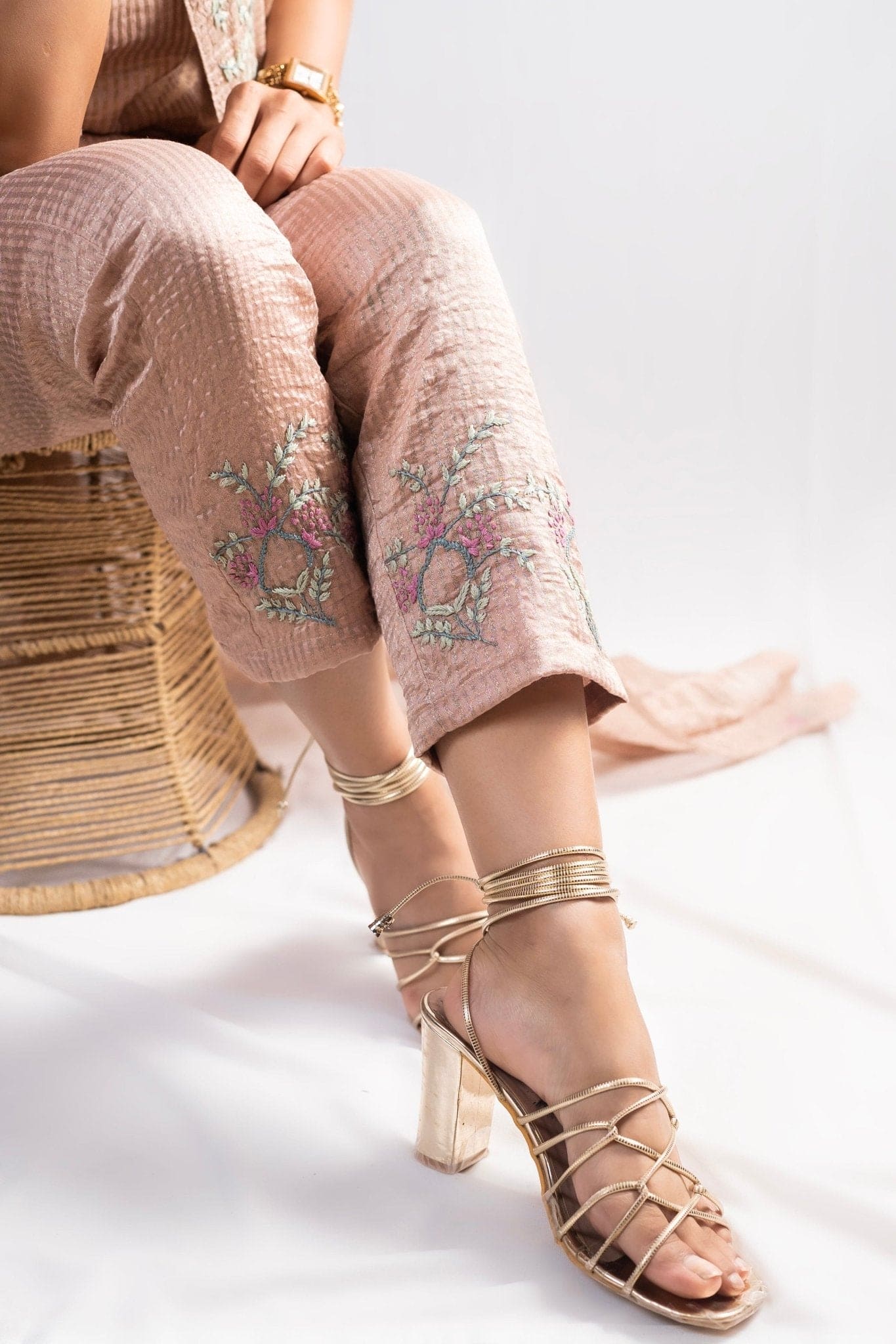 Chikankari Tissue Co - ord Set - Beige - Charkha TalesChikankari Tissue Co - ord Set - Beige