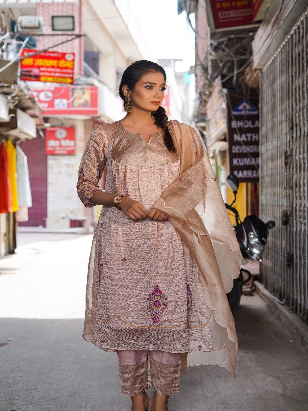 Chikankari Tissue Kurta Set - Beige - Charkha TalesChikankari Tissue Kurta Set - Beige