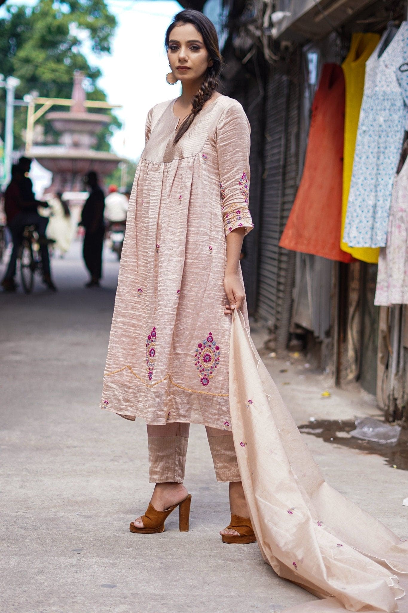 Chikankari Tissue Kurta Set - Beige - Charkha TalesChikankari Tissue Kurta Set - Beige