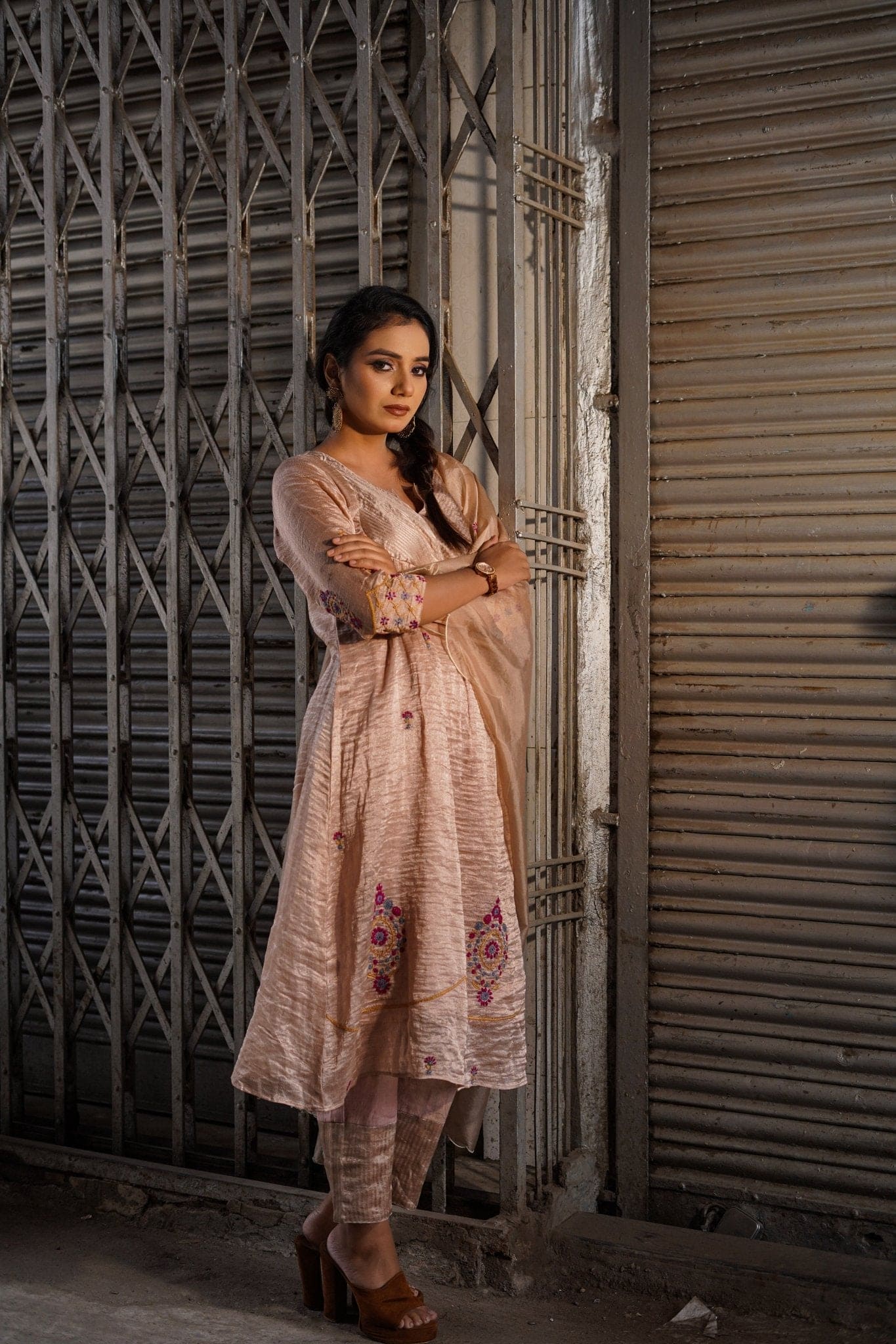 Chikankari Tissue Kurta Set - Beige - Charkha TalesChikankari Tissue Kurta Set - Beige