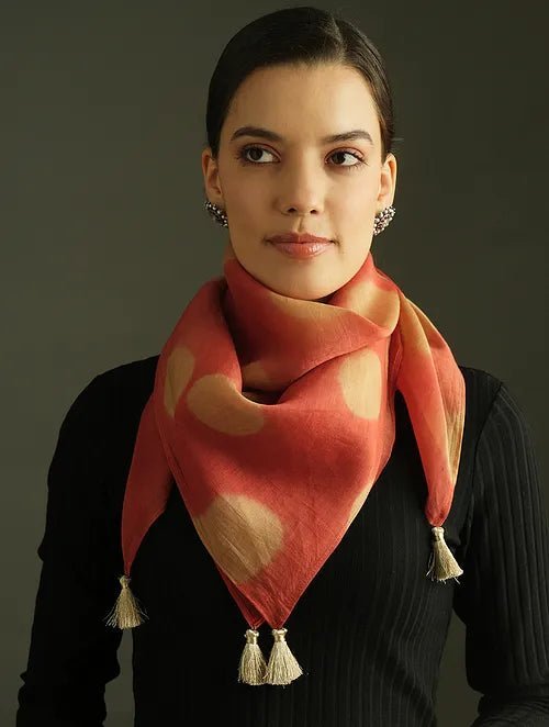Clamp Dye Chanderi Silk Scarf - Orange - Charkha TalesClamp Dye Chanderi Silk Scarf - Orange