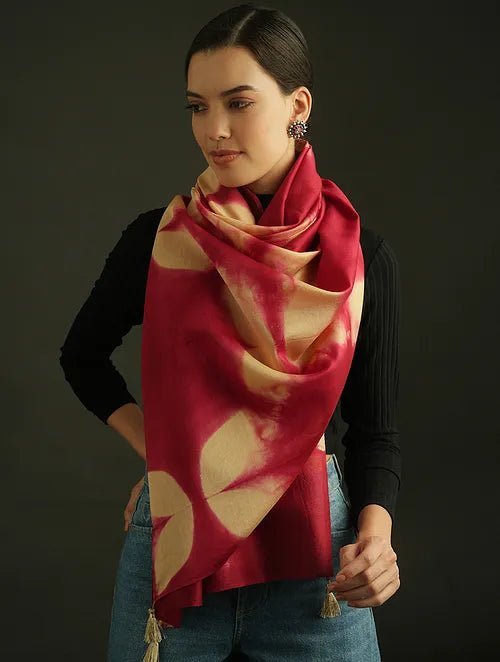 Clamp Dye Chanderi Silk Stole - Maroon - Charkha TalesClamp Dye Chanderi Silk Stole - Maroon