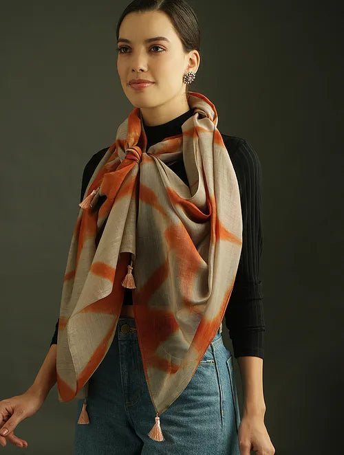 Clamp Dye Chanderi Silk Stole - Rust orange - Charkha TalesClamp Dye Chanderi Silk Stole - Rust orange