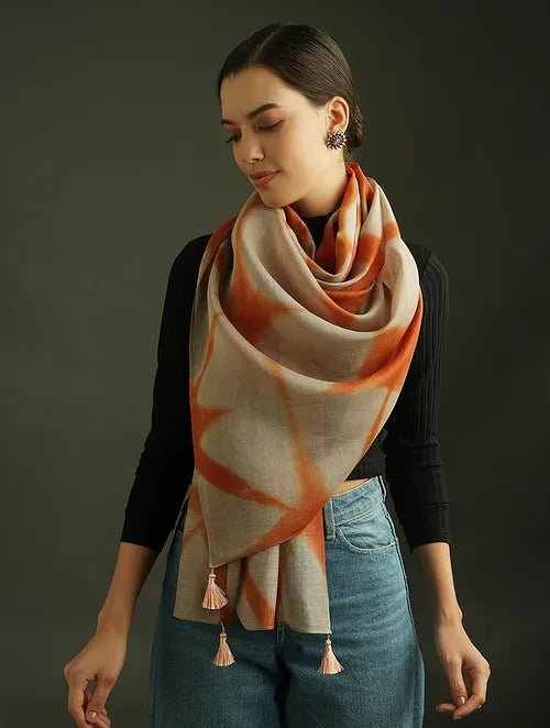 Clamp Dye Chanderi Silk Stole - Rust orange - Charkha TalesClamp Dye Chanderi Silk Stole - Rust orange
