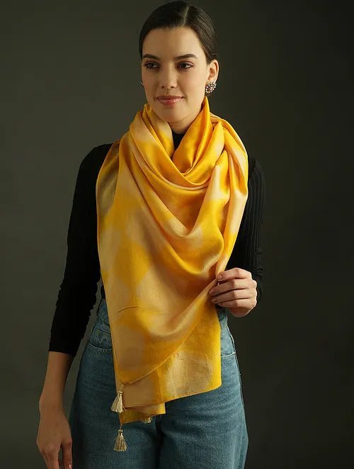 Clamp Dye Chanderi Silk Stole - Yellow - Charkha TalesClamp Dye Chanderi Silk Stole - Yellow