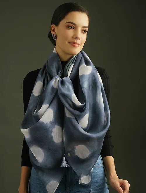 Clamp Dyed Chanderi Silk Stole - Blue - Charkha TalesClamp Dyed Chanderi Silk Stole - Blue
