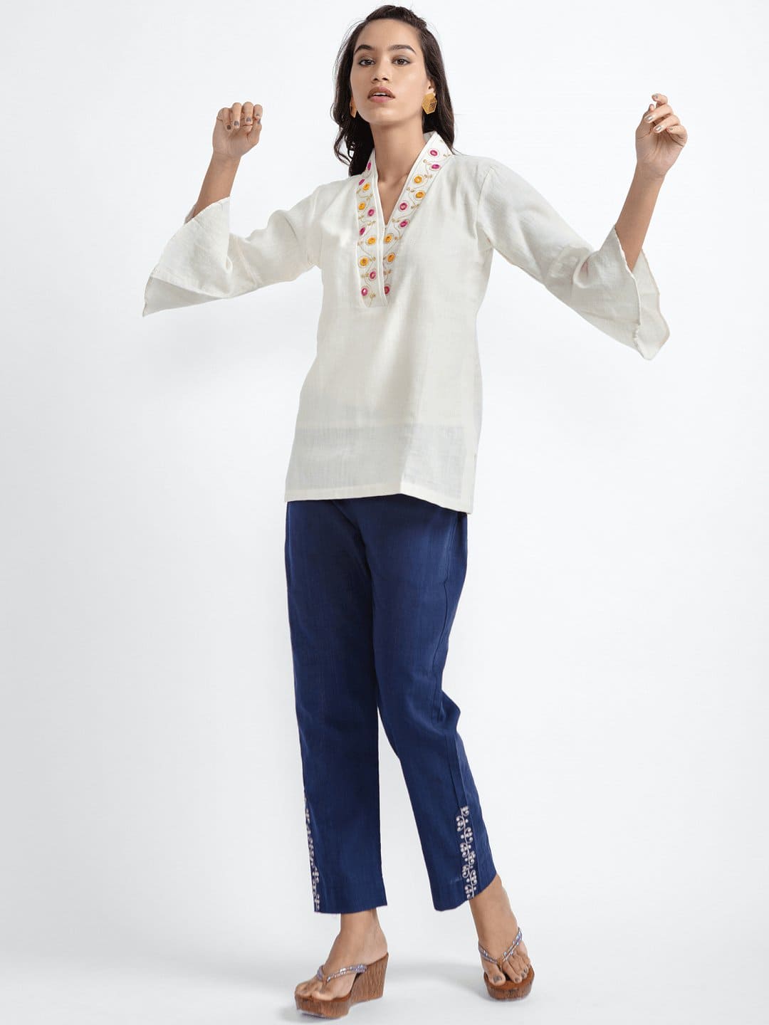 Coloured Embroidery Top Set - Off - White - Charkha TalesColoured Embroidery Top Set - Off - White