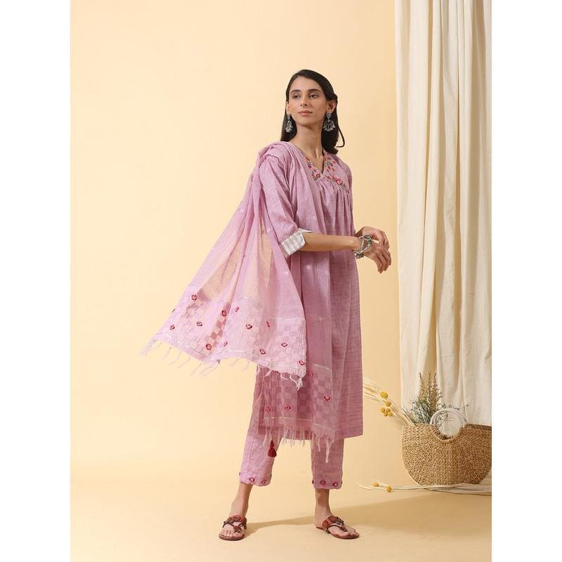 Colourful Mirror Kurta Set - Mauve - Charkha TalesColourful Mirror Kurta Set - Mauve