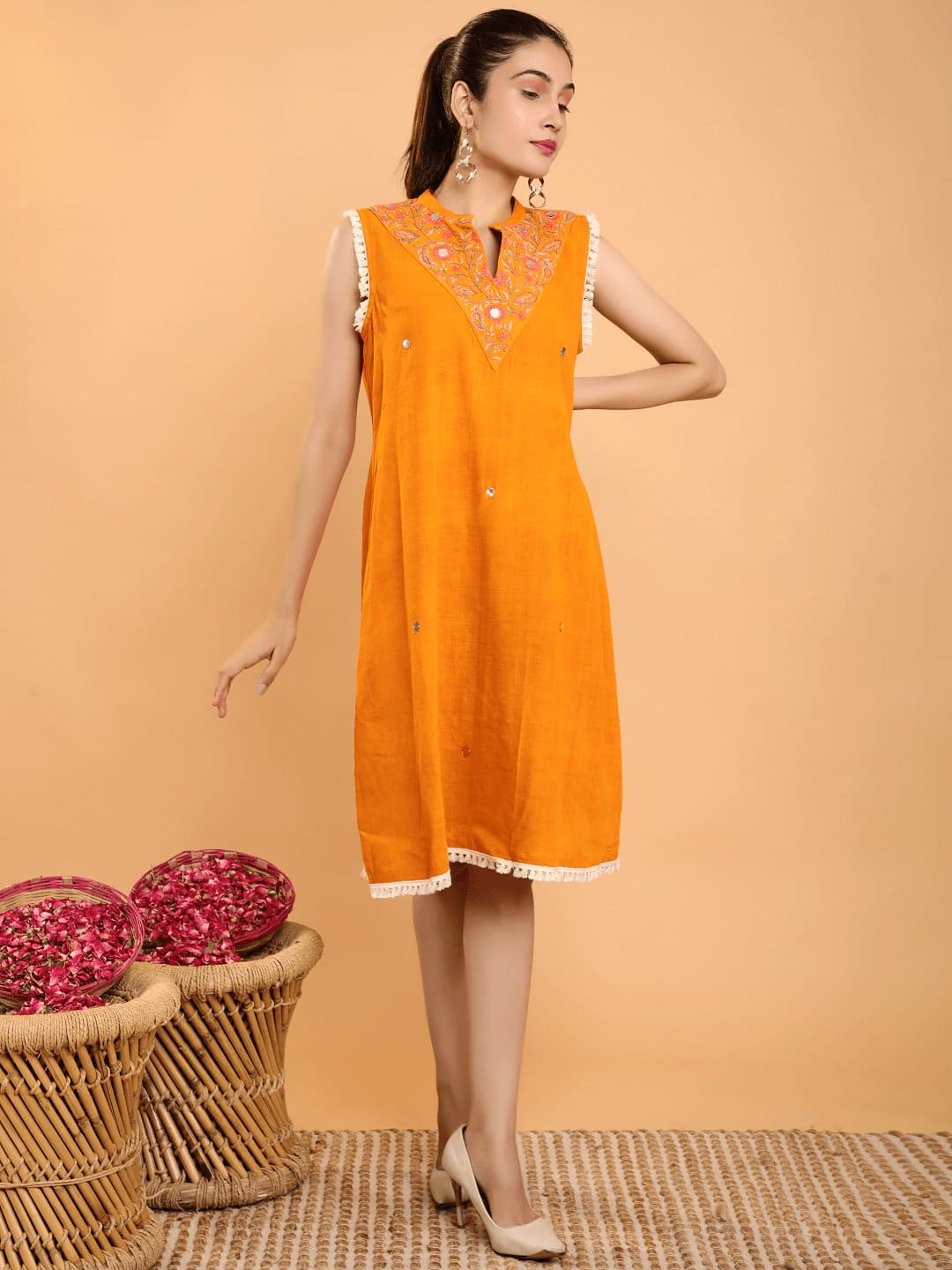 Cotton Boho Chikankari Dress - Mustard Yellow - Charkha TalesCotton Boho Chikankari Dress - Mustard Yellow