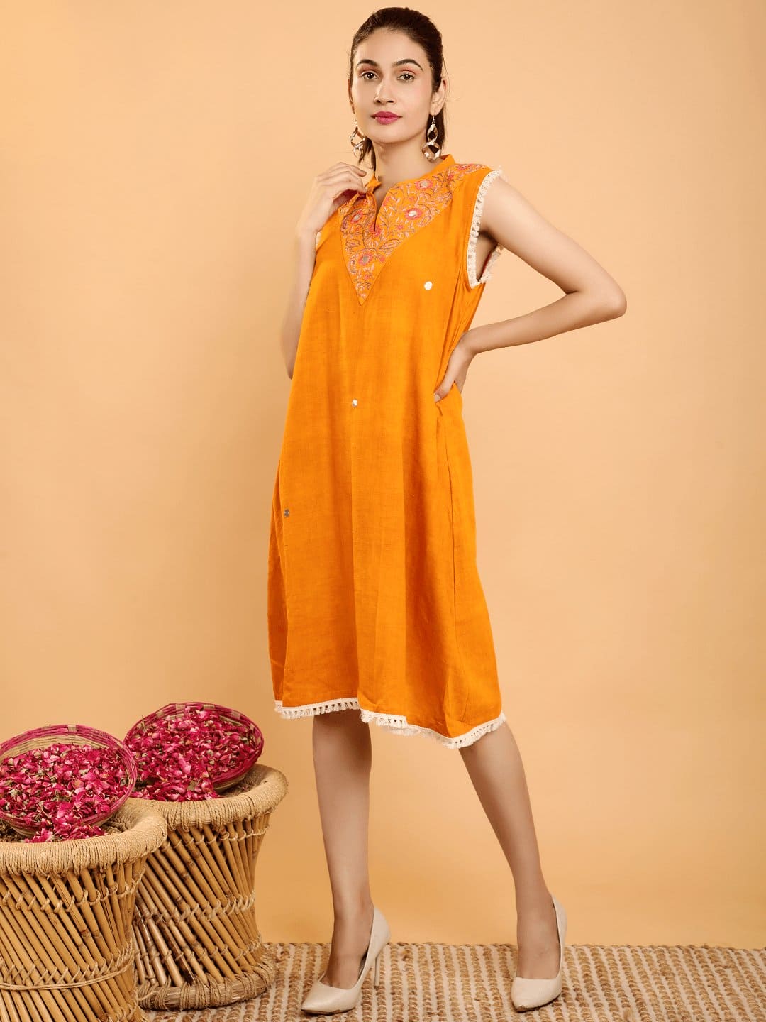 Cotton Boho Chikankari Dress - Mustard Yellow - Charkha TalesCotton Boho Chikankari Dress - Mustard Yellow