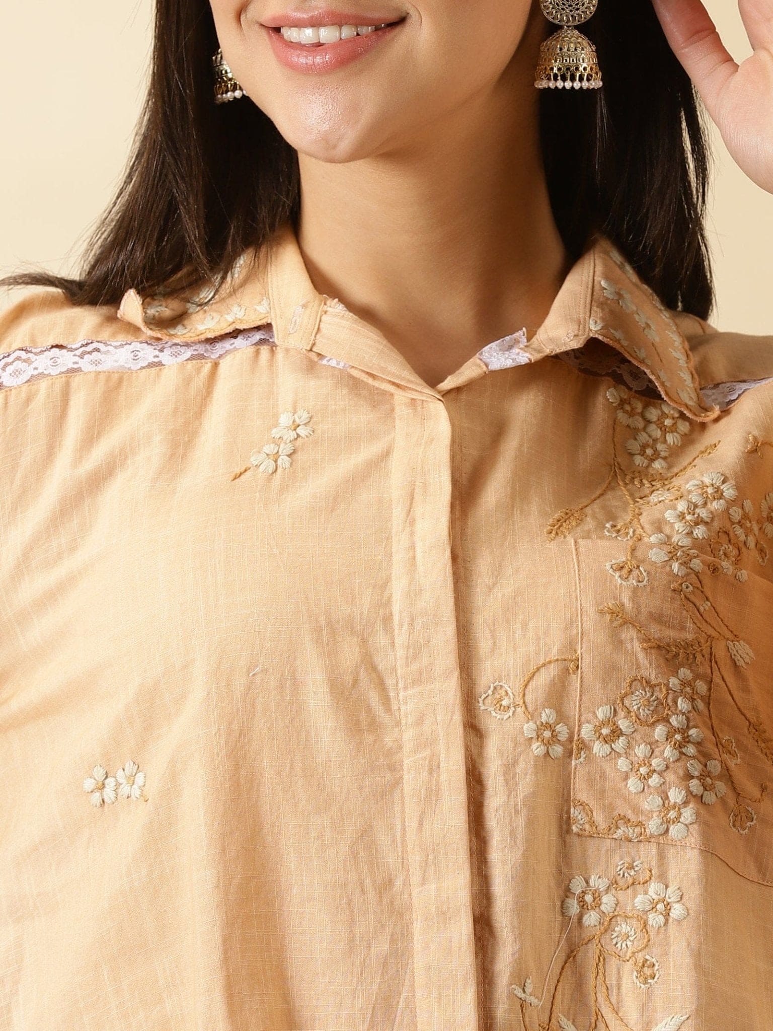 Cotton Chikan Co - ord Set - Beige - Charkha TalesCotton Chikan Co - ord Set - Beige