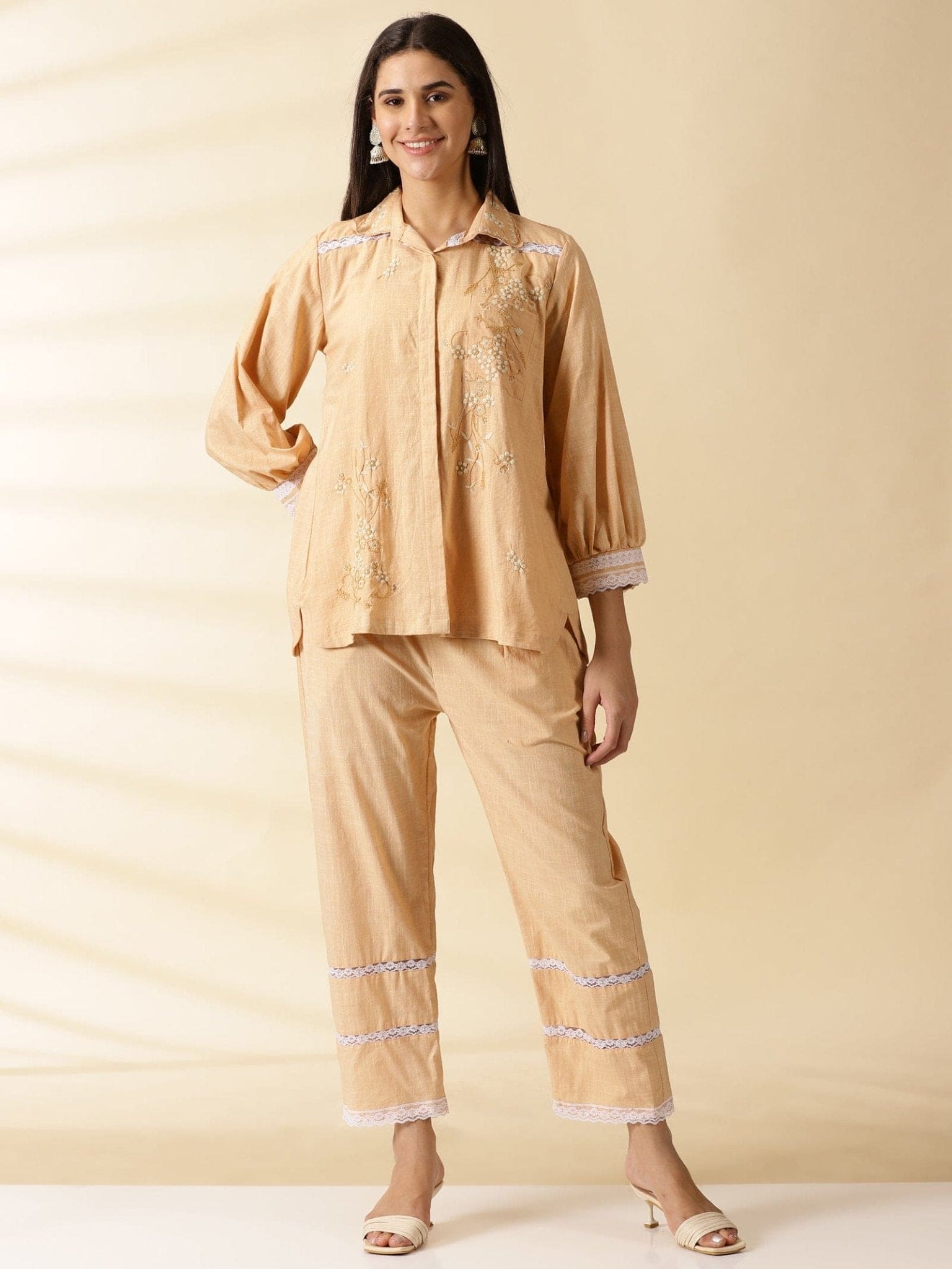 Cotton Chikan Co - ord Set - Beige - Charkha TalesCotton Chikan Co - ord Set - Beige