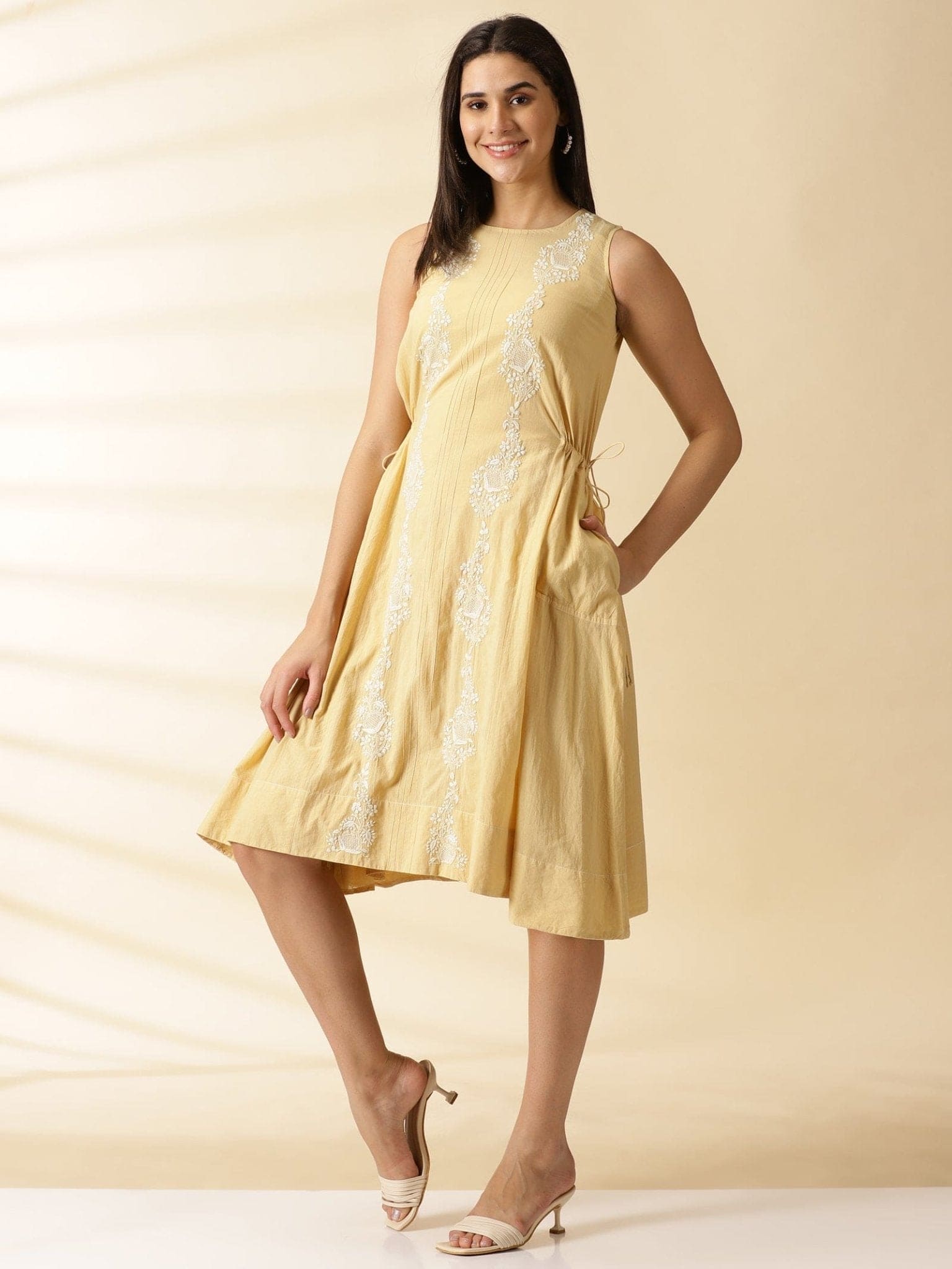 Cotton Chikankari Dress - Beige - Charkha TalesCotton Chikankari Dress - Beige